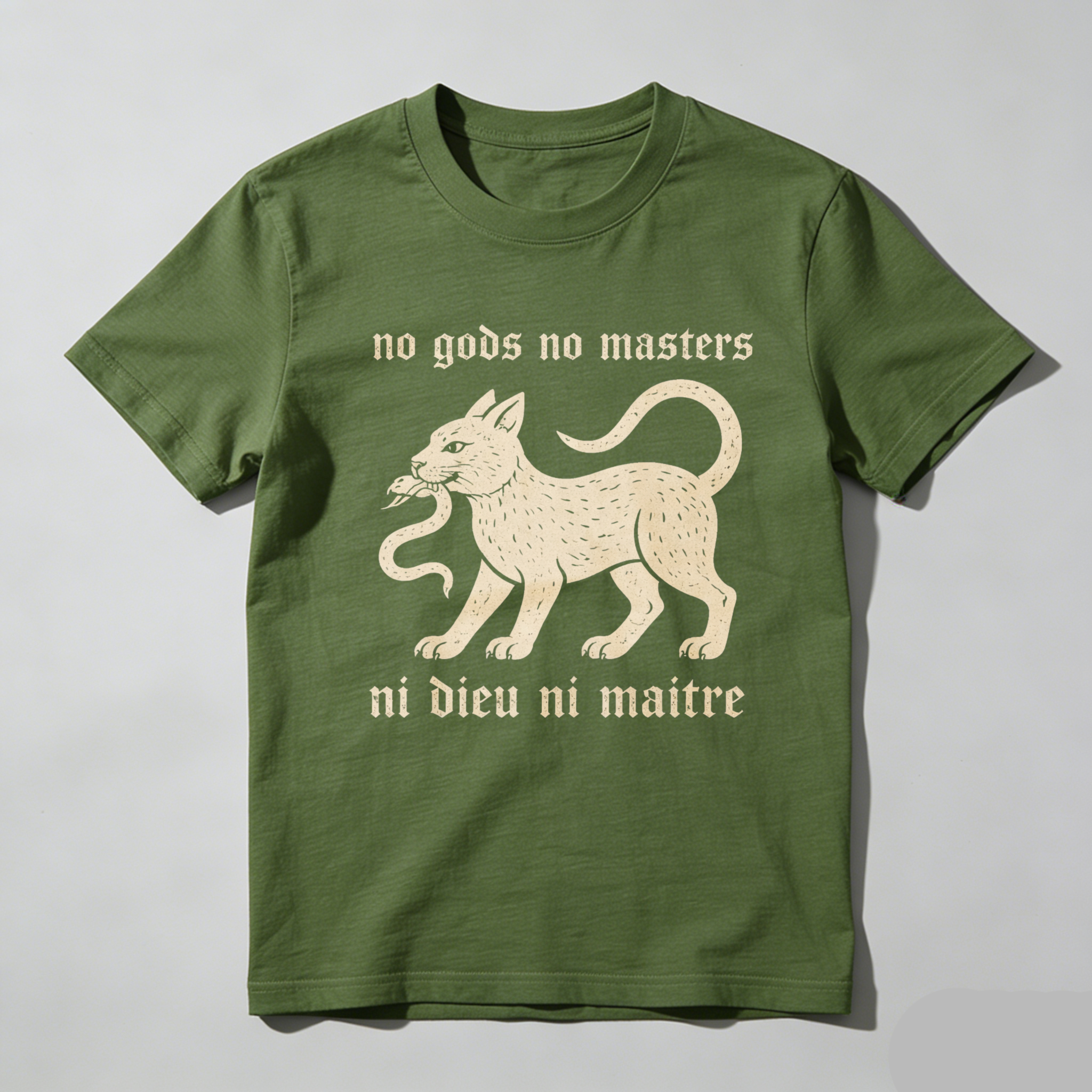 TEECURENTNo Gods No Masters Cat And Snake T Shirt Ni Dieu Ni Maitre Anarchist Statement Black Cotton Tee-TeeCurent