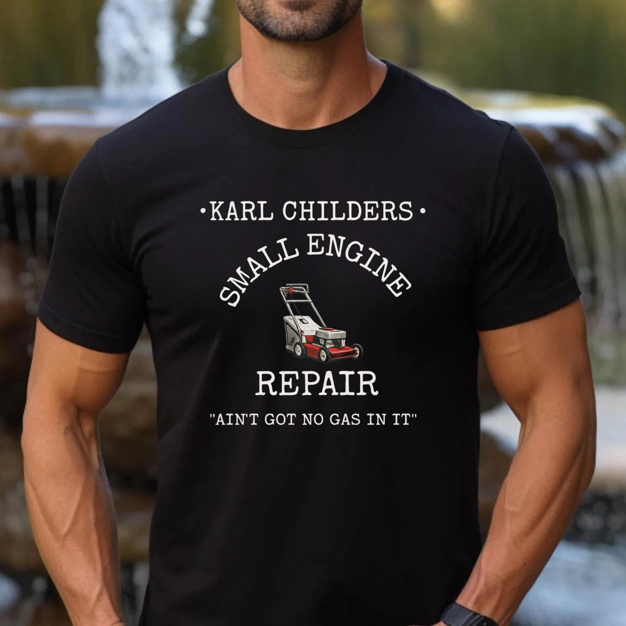 TEECURENT Karl Childers Small Engine Repair T Shirt With Lawn Mower Graphic And Slogan Aint Got No Gas In It