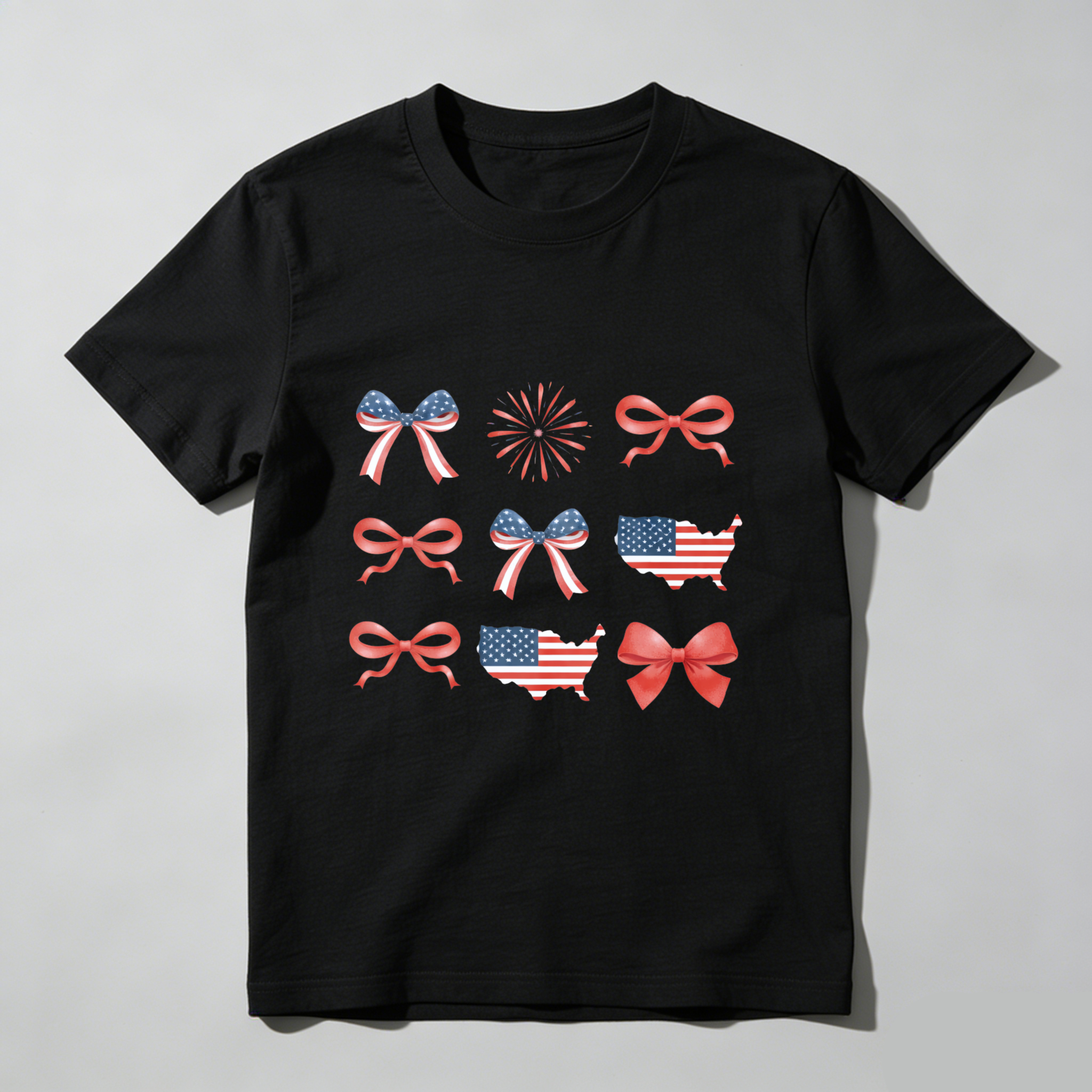TEECURENT Patriotic Usa Flag Bow Fireworks Map T Shirt Independence Day Celebration Apparel WOMEN