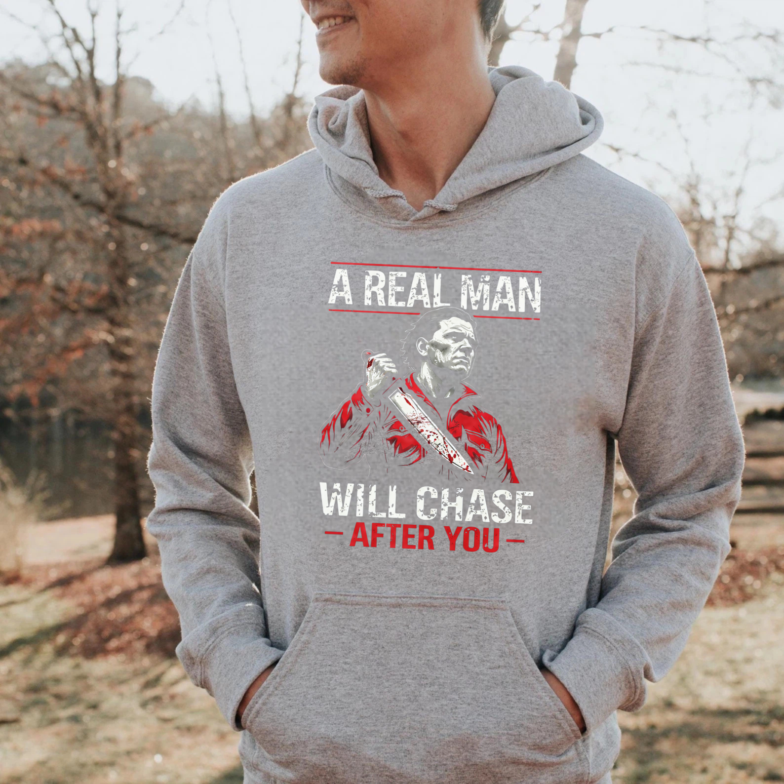 TEECURENT Gildan A Real Man Will Chase After You Halloween Horror Movie Character Hoodie Sweatshirt For Men Women Unisex Pullover Casual Top