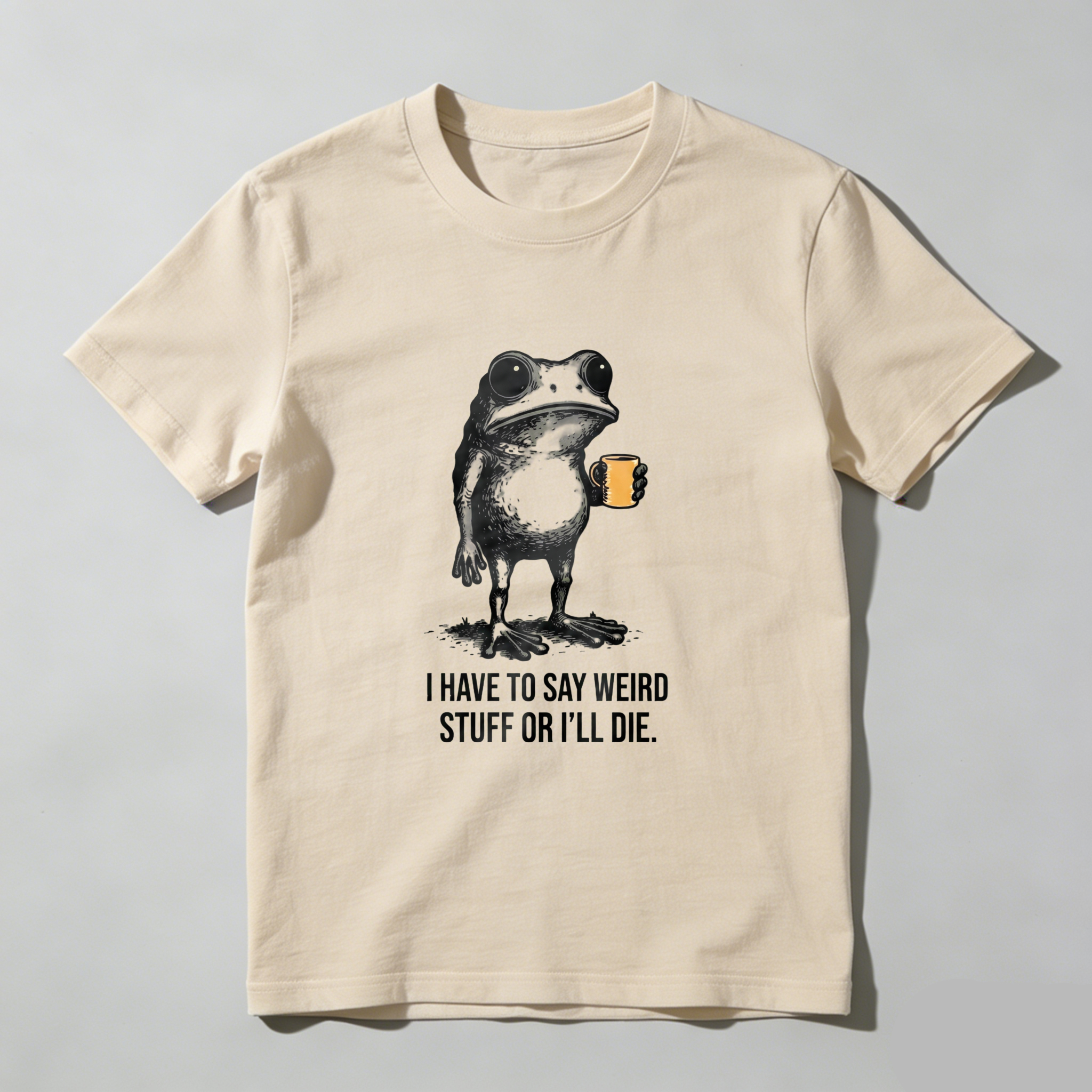 TEECURENT  Frog Holding Mug With Text Pure Cotton Short Sleeve T Shirt- HOT