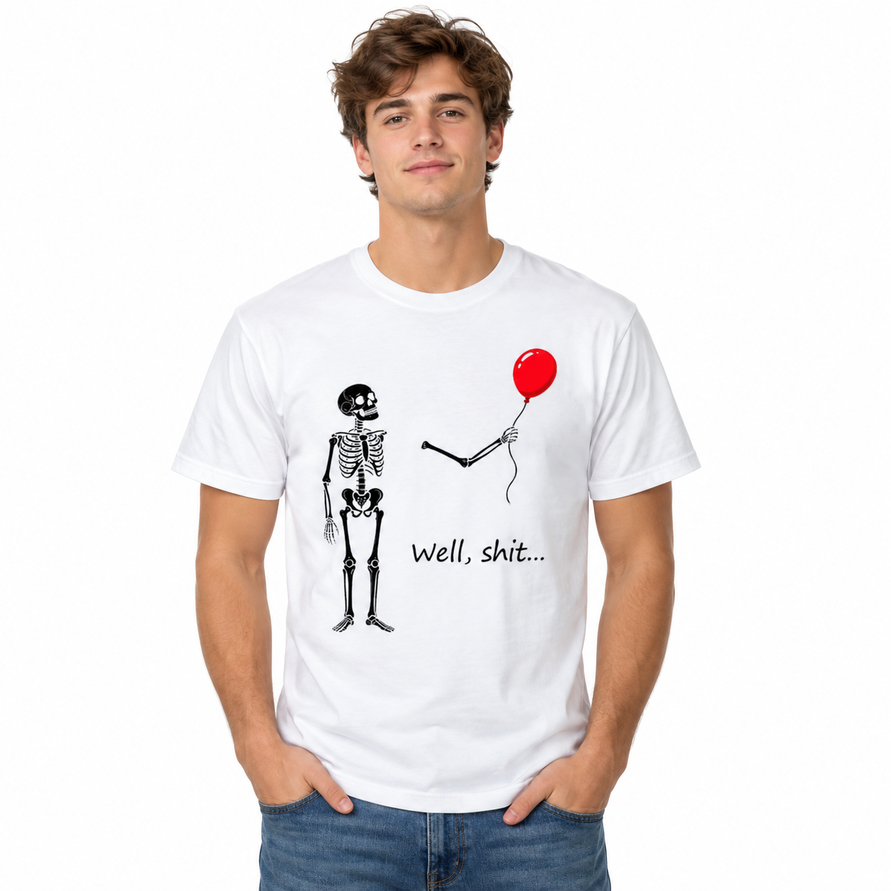 "Well, Shit..." Funny Skeleton Red Balloon Graphic T-Shirt