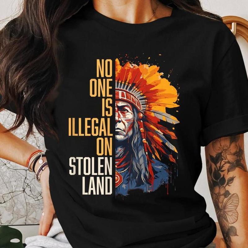 PRINTVIBA No One Is Illegal on Stolen Land Shirt, American Native Immigration Shirt, Fun Graphics, Clean Lines, Minimalist Look Collar Cotton vintage graphic tees