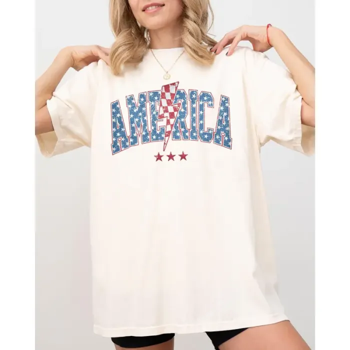 America, Retro, Lightening Bolt, USA, Patriotic, Independence Day, Fourth Of July, 4th Of July Tshirt, Women's, Comfort Colors Tee, Patriotic, Independence Day, Fourth of July, 4th of July, America, USA Cotton Top