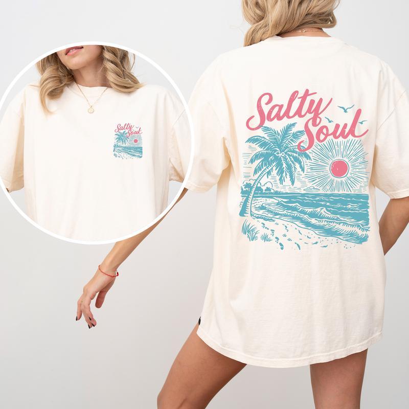 Salty Soul, Beach, Sunset, Palm Trees, Summer, Front and Back, Comfort Colors T-Shirt, Women's Comfort Colors Tee