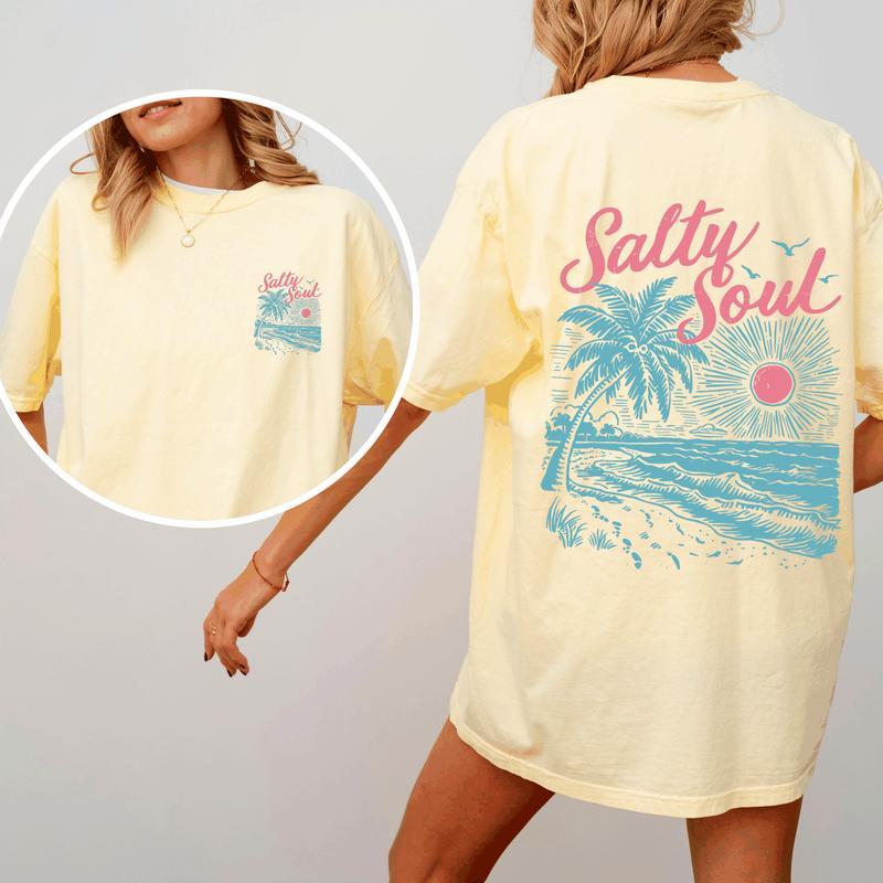 Salty Soul, Beach, Sunset, Palm Trees, Summer, Front and Back, Comfort Colors T-Shirt, Women's Comfort Colors Tee