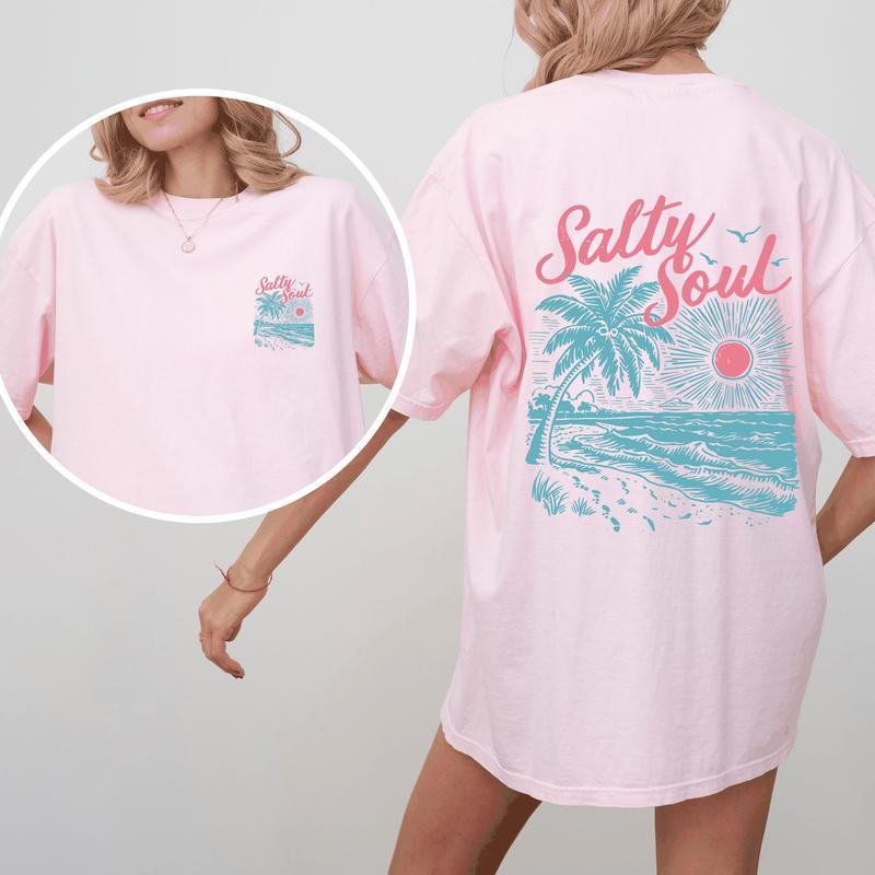 Salty Soul, Beach, Sunset, Palm Trees, Summer, Front and Back, Comfort Colors T-Shirt, Women's Comfort Colors Tee