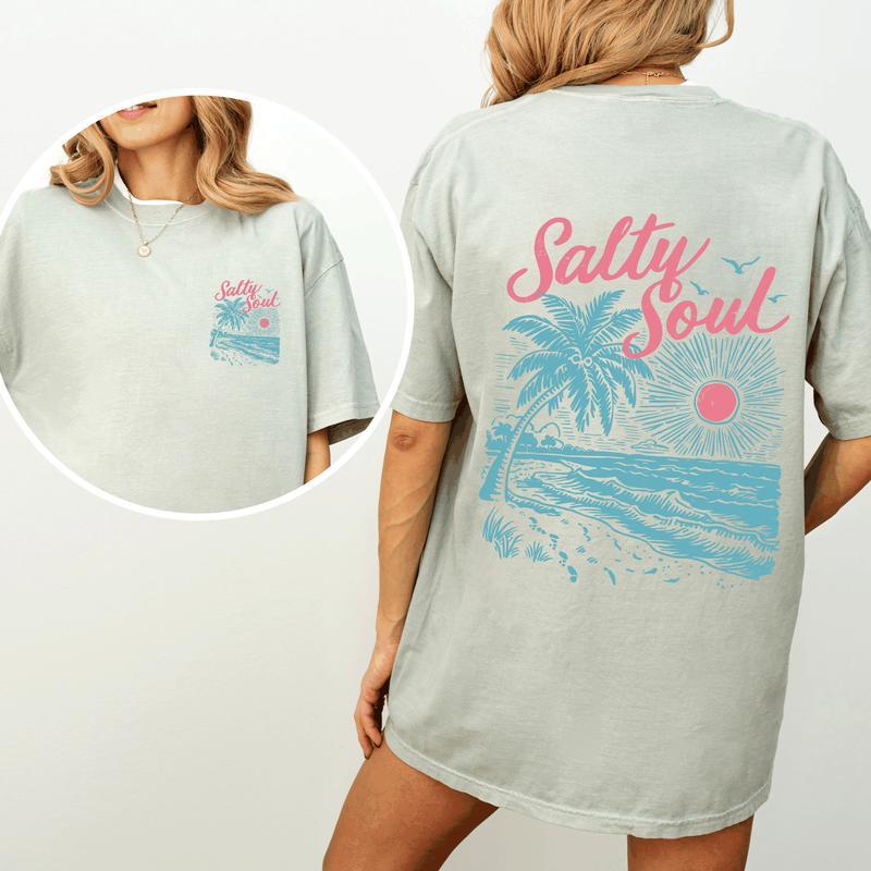 Salty Soul, Beach, Sunset, Palm Trees, Summer, Front and Back, Comfort Colors T-Shirt, Women's Comfort Colors Tee