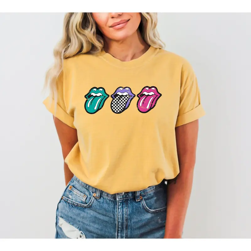 Checkered Rock Tongues, Retro Lips, Concert Tee, Classic Rock, Tshirt, Women's Comfort Color Tee, Tshirt