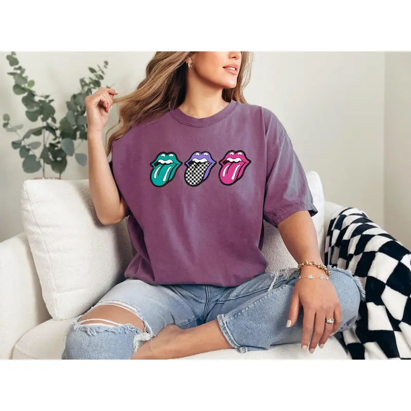 Checkered Rock Tongues, Retro Lips, Concert Tee, Classic Rock, Tshirt, Women's Comfort Color Tee, Tshirt