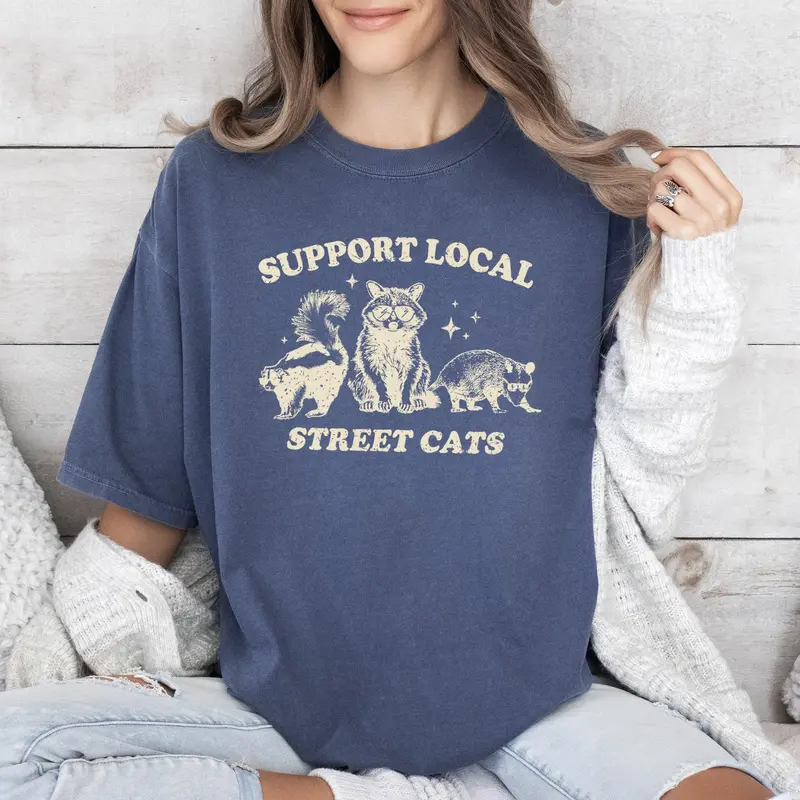 Support Local Street Cats, Raccoon, Skunk, Possum, Meme, Funny, Aesthetic, Comfort Colors Tshirt, Women's Crew Neck, Crewneck