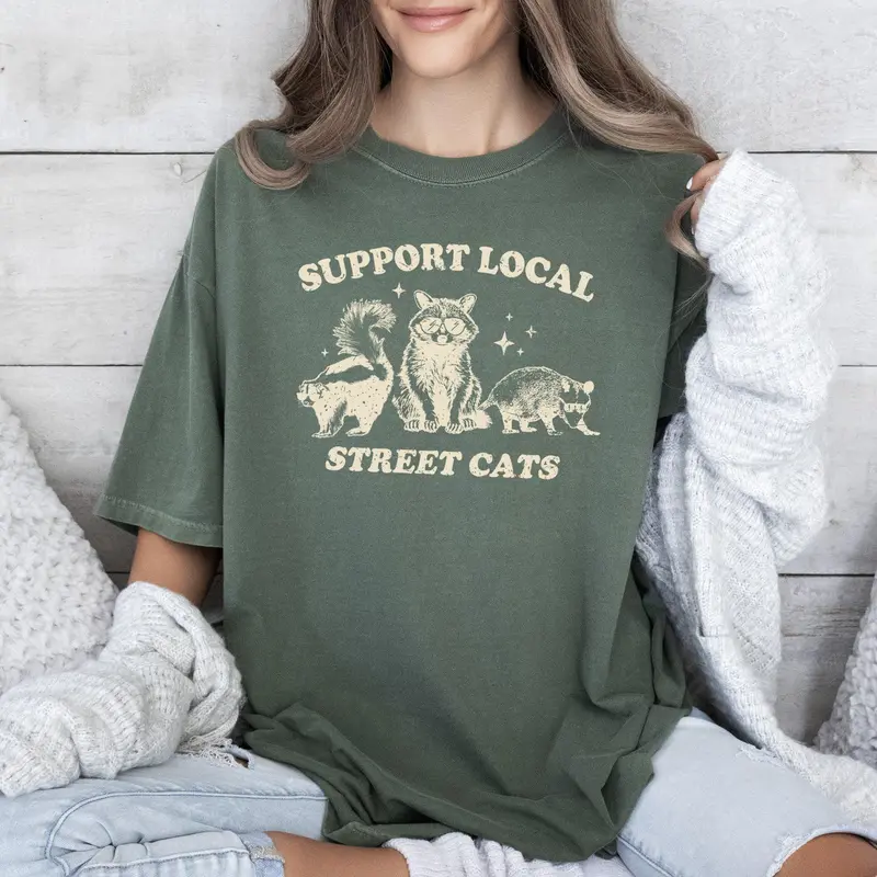Support Local Street Cats, Raccoon, Skunk, Possum, Meme, Funny, Aesthetic, Comfort Colors Tshirt, Women's Crew Neck, Crewneck