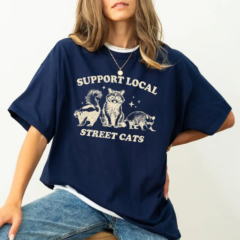 Support Local Street Cats, Raccoon, Skunk, Possum, Meme, Funny, Aesthetic, Comfort Colors Tshirt, Women's Crew Neck, Crewneck