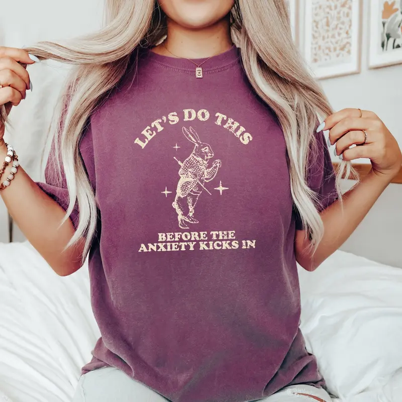 Let's Do this Before Anxiety Kicks In, Rabbit, Alice Wonderland, Meme, Aesthetic, Funny, Comfort Colors Tshirt, Women's Crew Neck, Crewneck