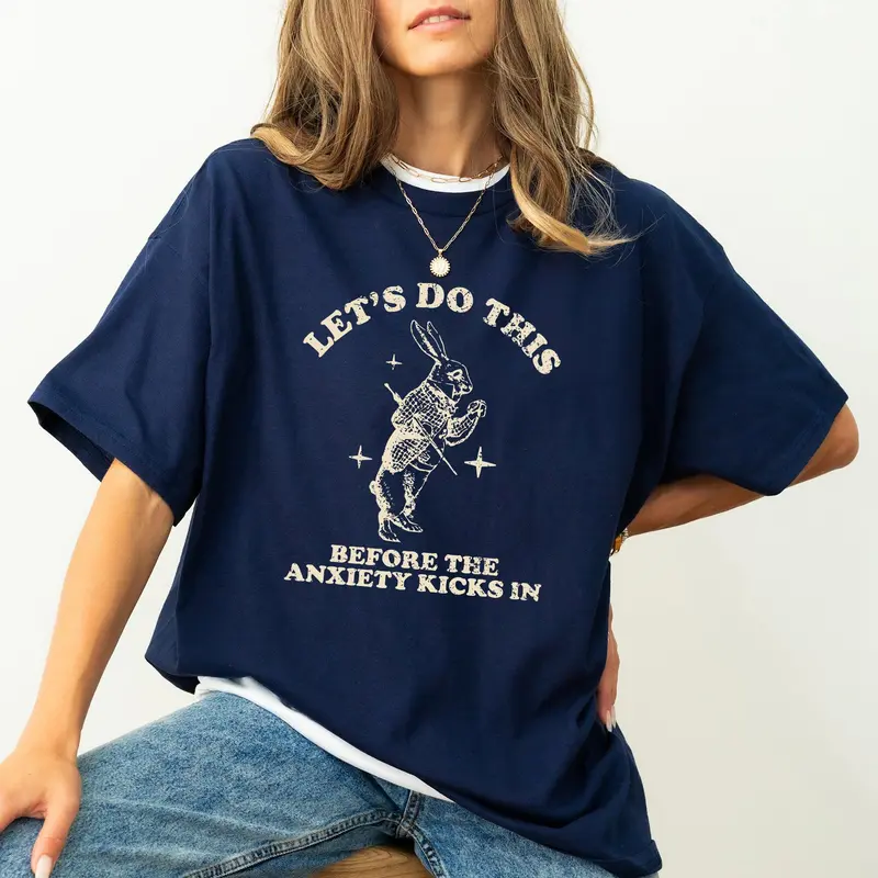 Let's Do this Before Anxiety Kicks In, Rabbit, Alice Wonderland, Meme, Aesthetic, Funny, Comfort Colors Tshirt, Women's Crew Neck, Crewneck