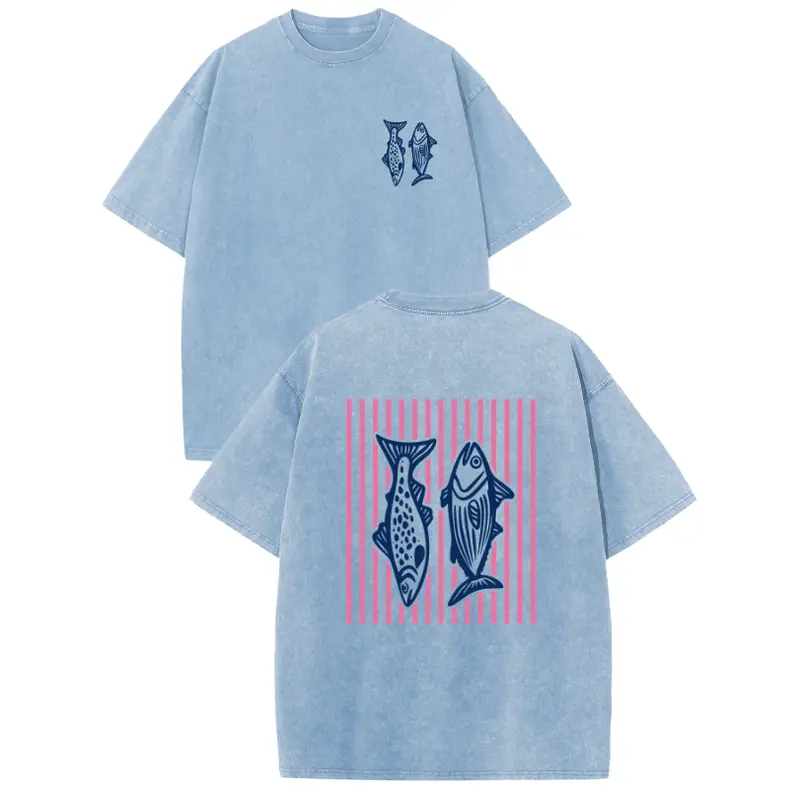Holafish Heavyweight Cotton Crewneck Streetwear T‑Shirt, Retro Acid Wash Pink Striped Dual‑Side Fish Graphic Printed Unisex Fashion Tees summervibes Casual Top