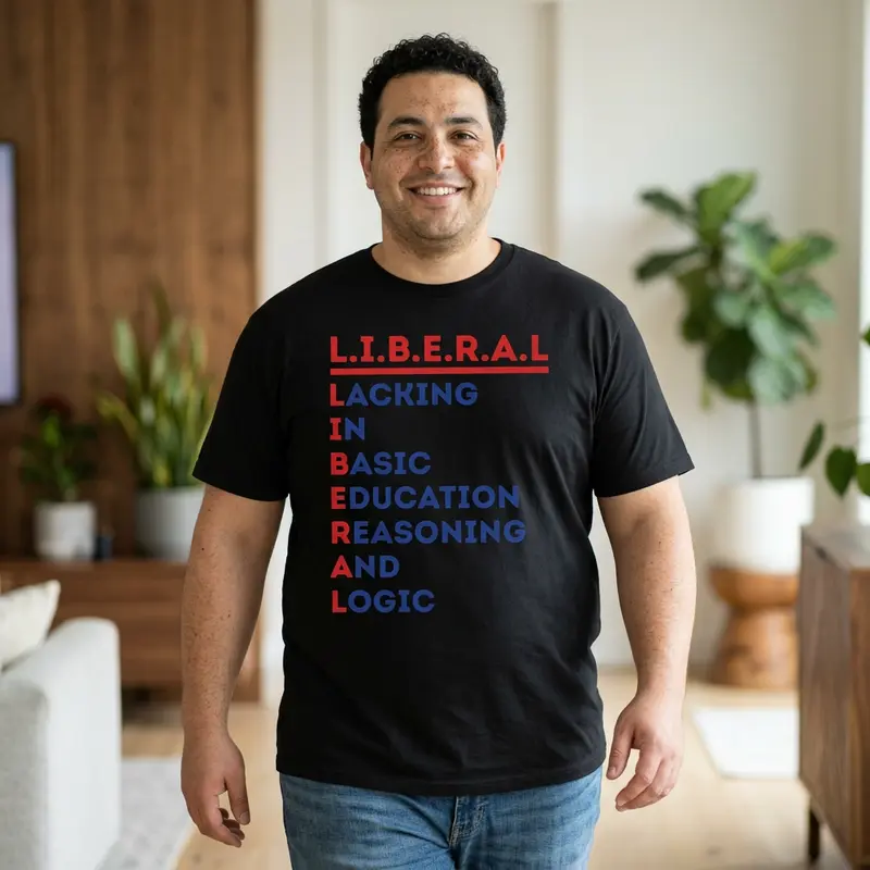 Men's L.I.B.E.R.A.L. Acrostic Graphic Print Cotton Short-Sleeve T-Shirt, Political Satire Casual Streetwear Round Neck Menswear Top