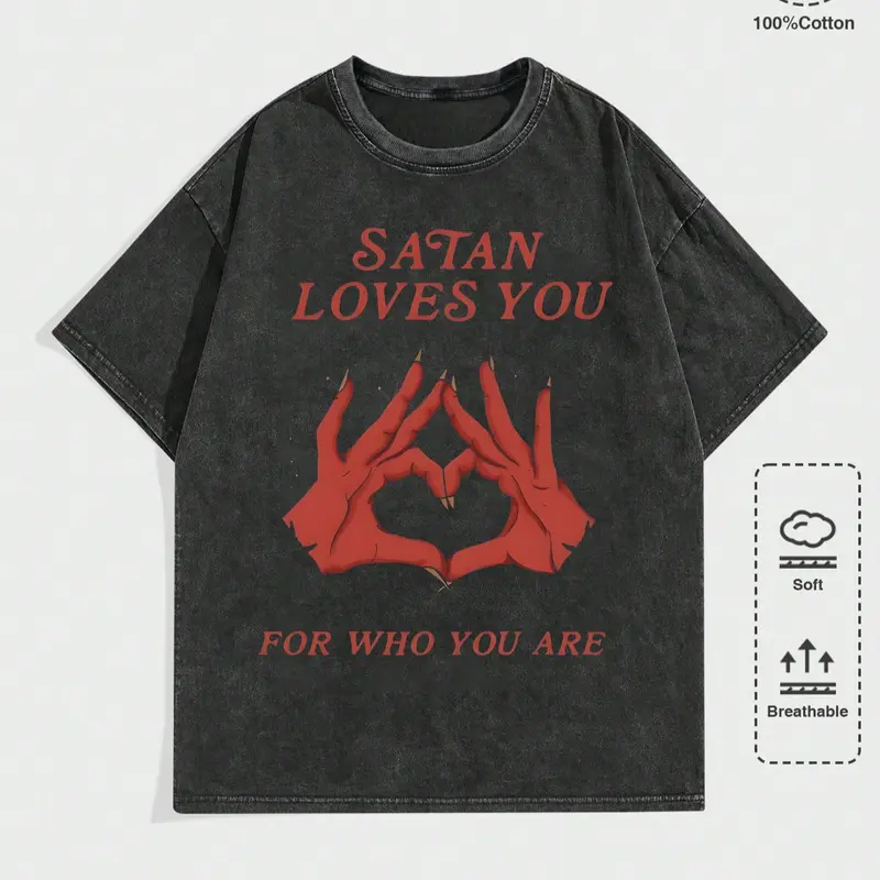 Men's Round Neck Short-Sleeve T-Shirt, Retro Edgy "Satan Loves You" Graphic Print, Loose Fit Distressed Menswear