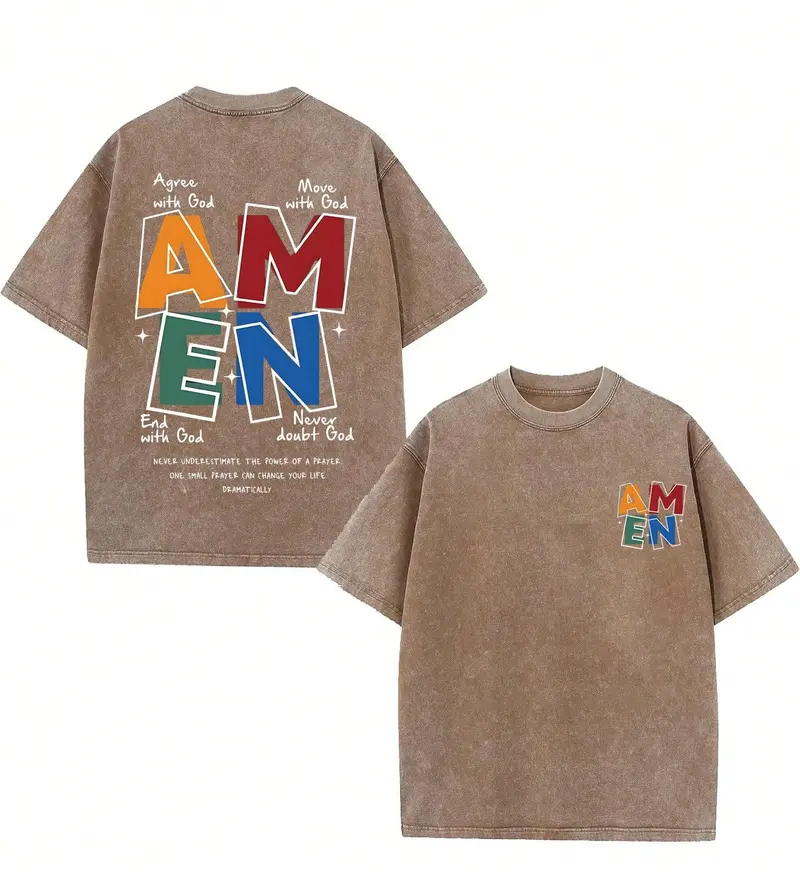 AMEN Classic Letter Header - for Men Women Vintage Distressed 230g Washed Cotton Casual Fit God Bless
