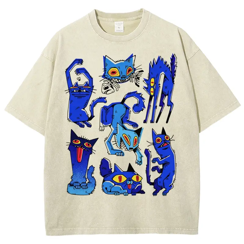 Retro Grunge Blue Crazy Cats Aesthetic T-Shirt, Vintage Washed Tee, Edgy Weird Cat Graphic Shirt, Gift For Alt Cat Lovers