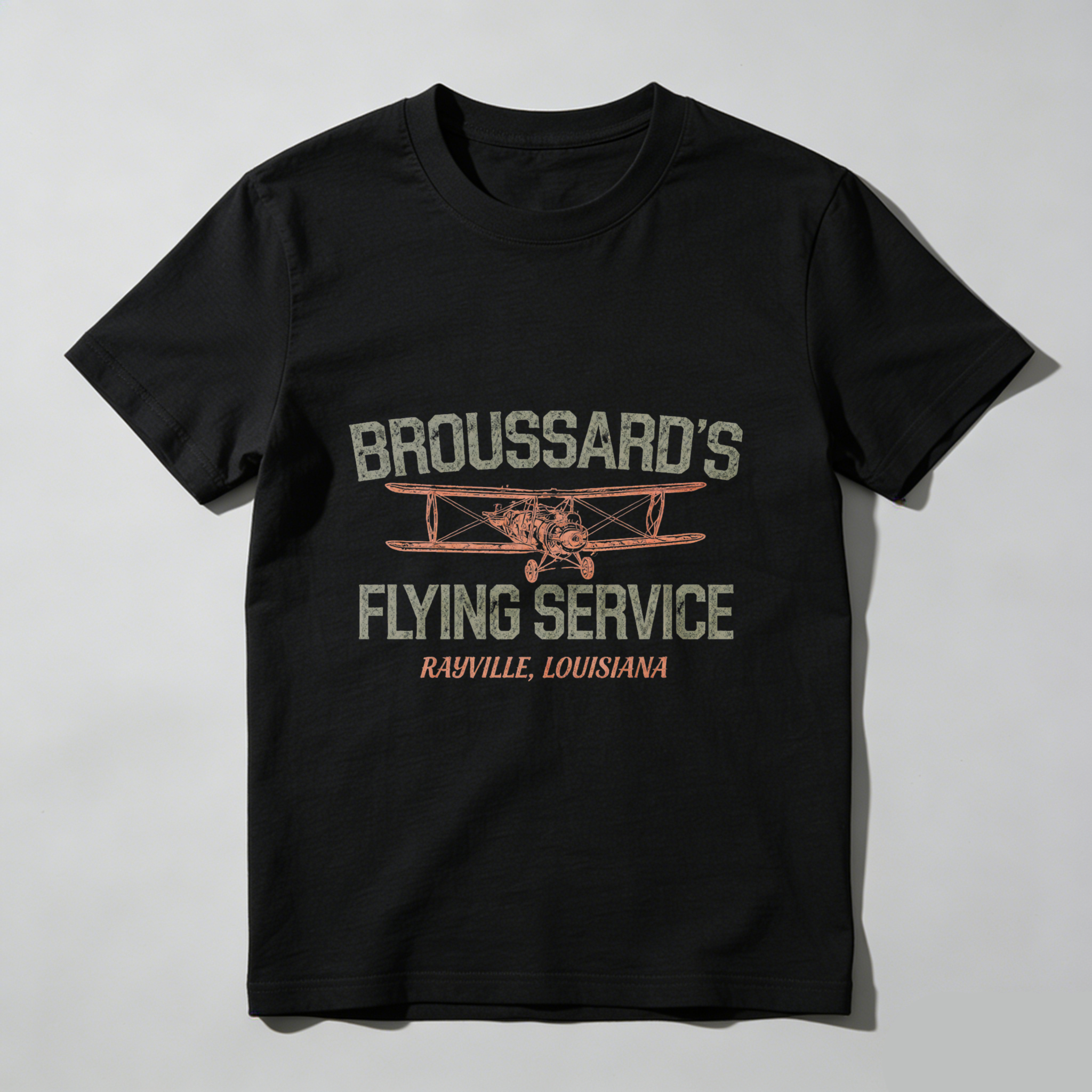 Broussards Flying Service T-Shirt Rastville Louisiana Vintage Airplane Design Men's Black Cotton Shirt