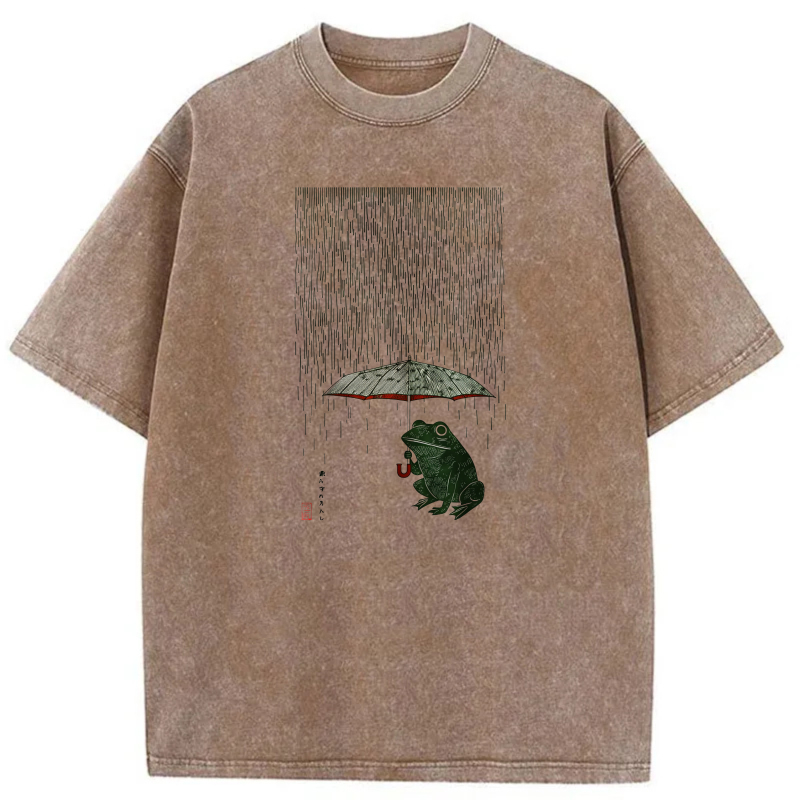 Frog Under Umbrella In Rainy Scene tshirt 100% cotton