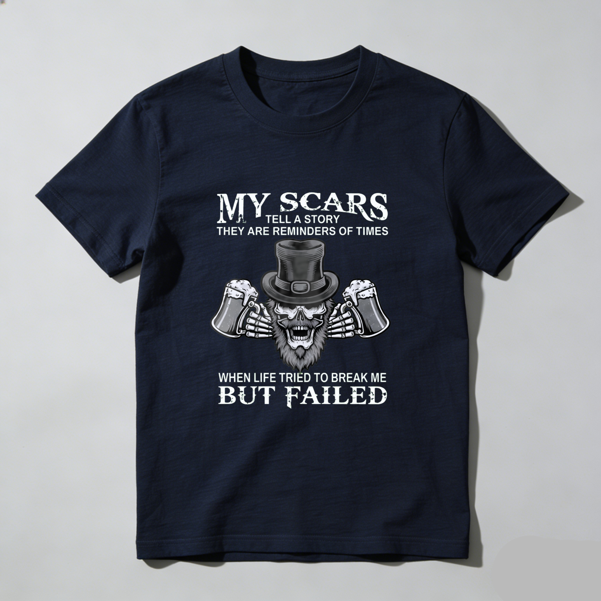 TEECURENT My Scars Tell A Story They Are Reminders Of Times When Life Tried To Break Me But Failed T Shirt With Skull And Beer Design