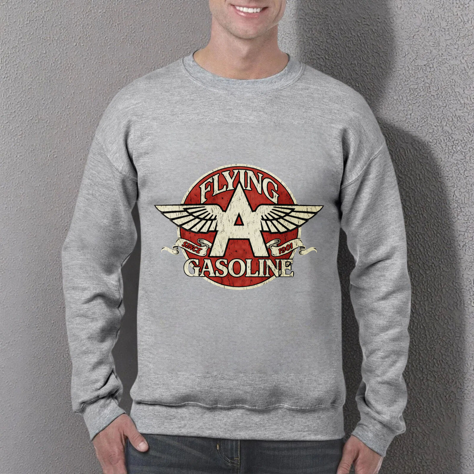 TEECURENT Flying A Gasoline Logo Sweatshirt Unisex Crewneck Pullover Black Vintage Style Graphic Sweatshirt