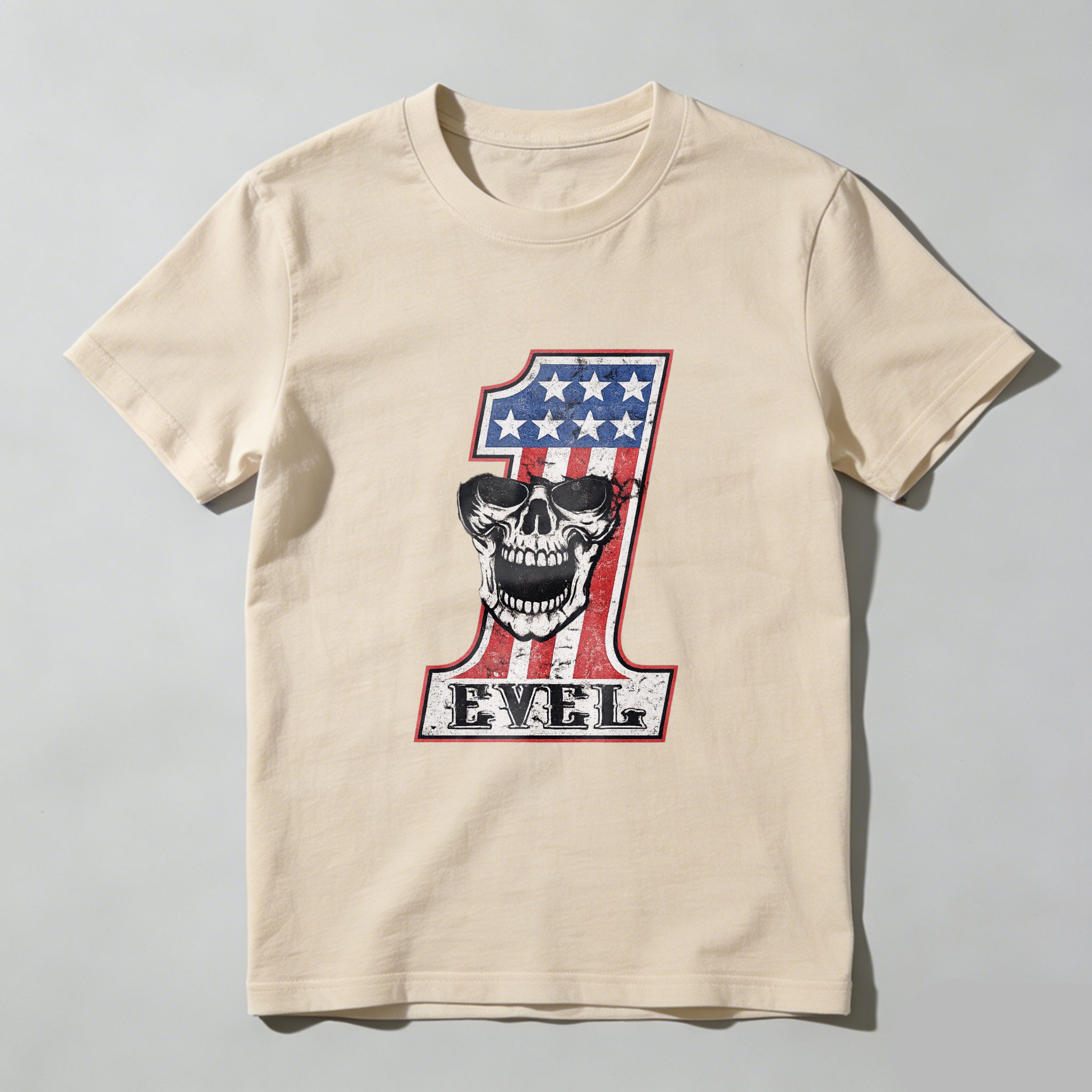 Level One American Flag Skull Design Black T-Shirt Made In Usa