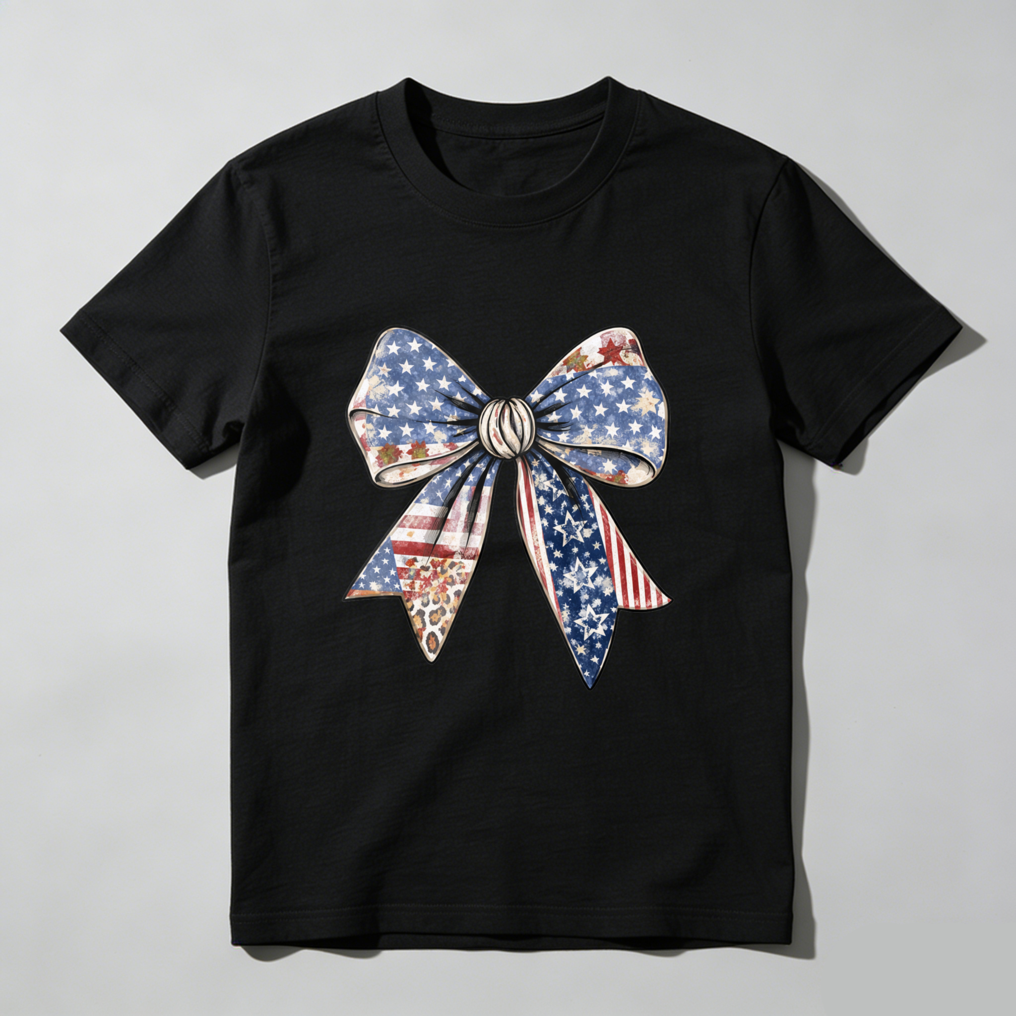 TEECURENT Patriotic American Flag Bow T-Shirt With Stars And Stripes Design For Independence Day Celebration WOMEN