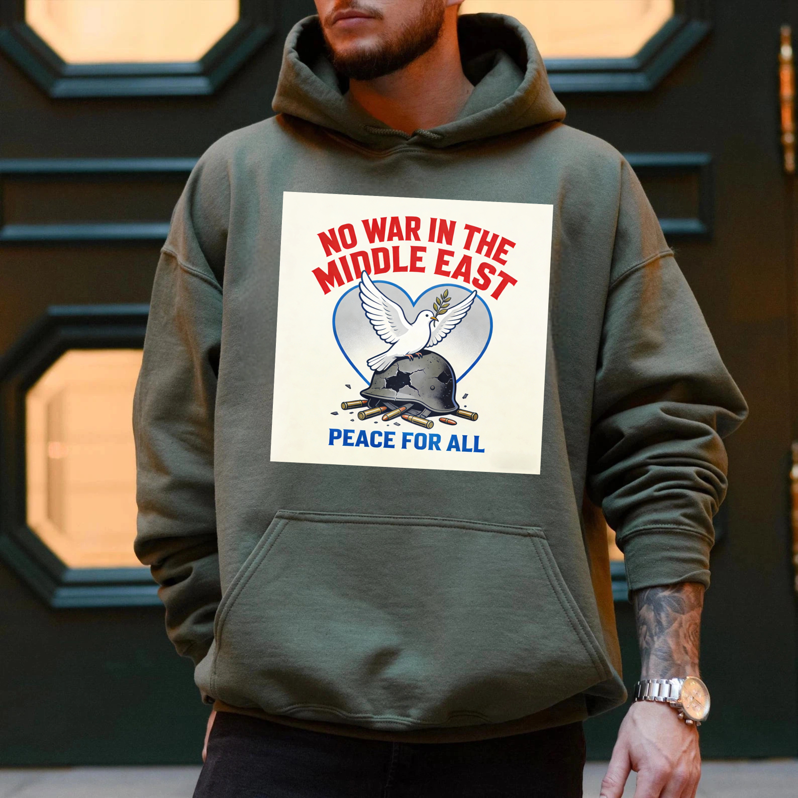 TEECURENT No War In The Middle East Peace For All Hoodie With Dove And Helmet Design