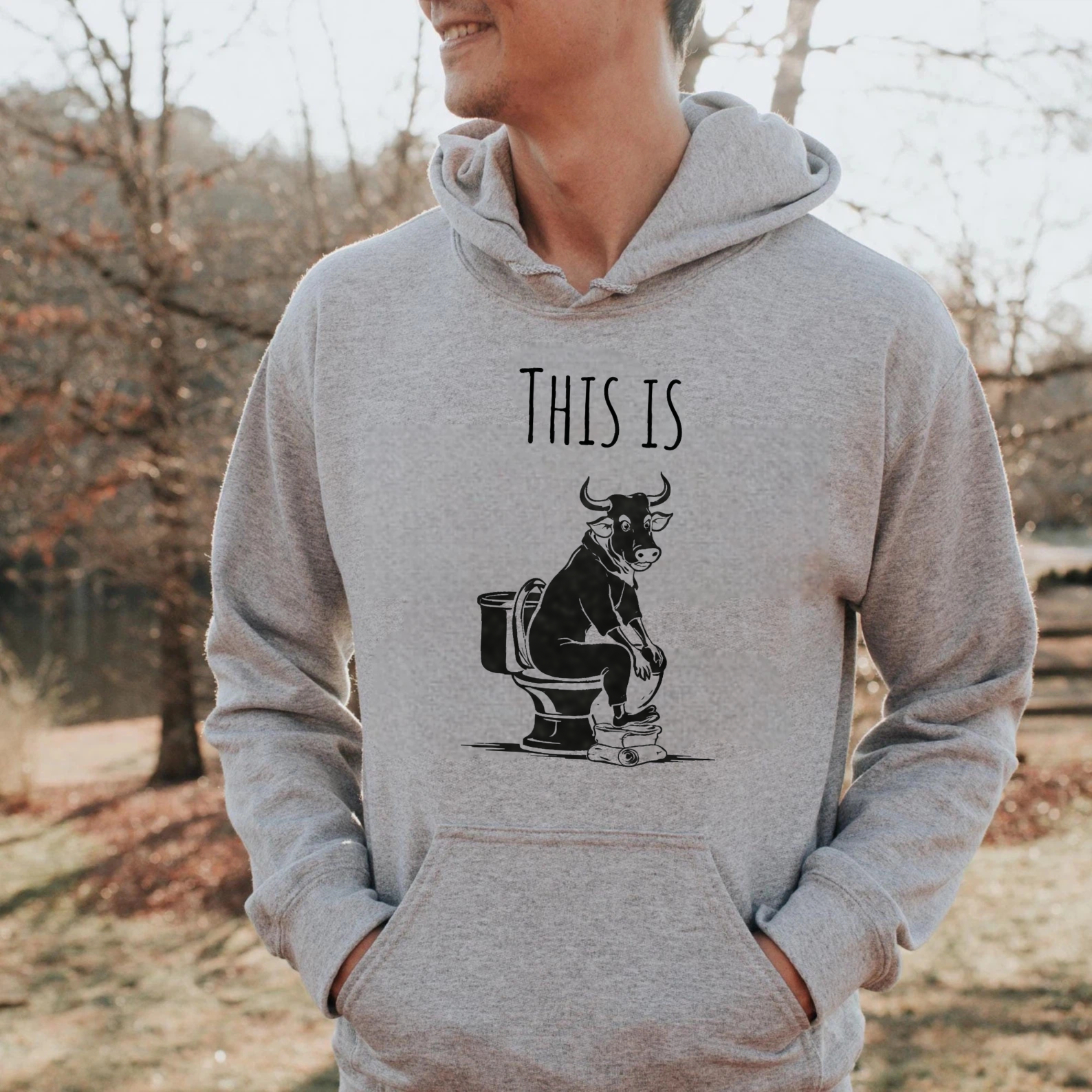 TEECURENT Gildan This Is Bull Cow On Toilet Humor Sweatshirt Hoodie Funny Animal Graphic Pullover Unisex Casual Wear