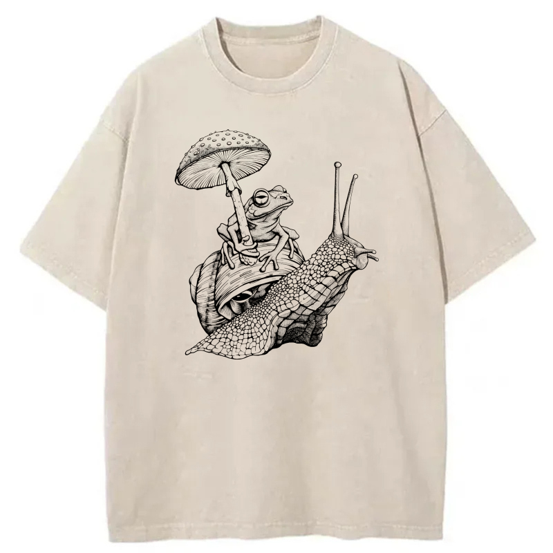 Frog Riding Snail Under Mushroom tshirt 100% cotton