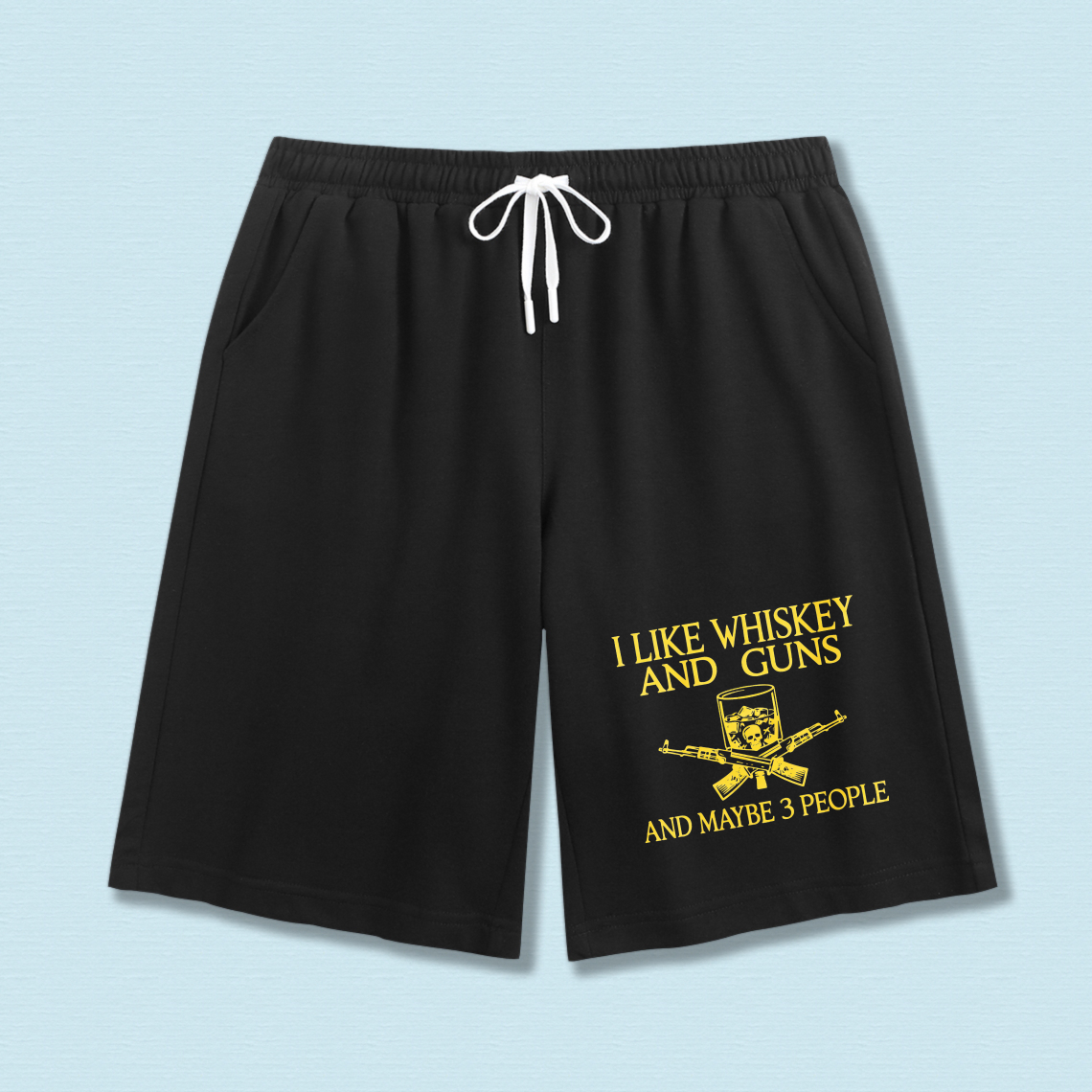 TEECURENT I Like Whiskey And Guns And Maybe 3 People Men's Black Shorts With Drawstring Waistband Casual Athletic Wear
