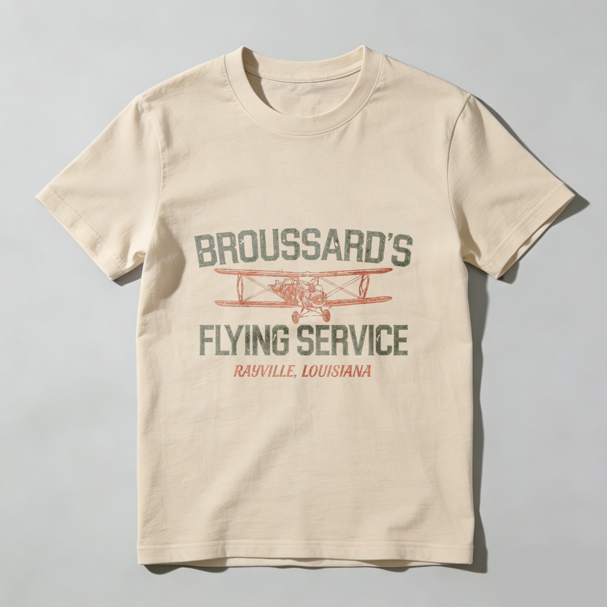 Broussards Flying Service T-Shirt Rastville Louisiana Vintage Airplane Design Men's Black Cotton Shirt