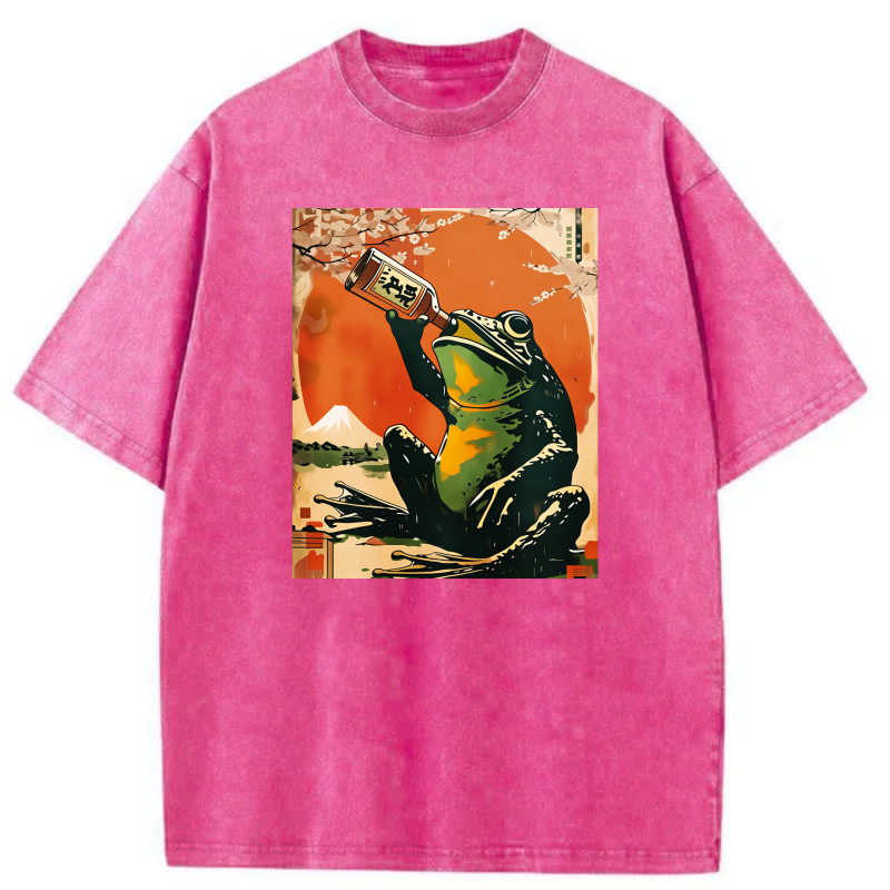 Frog Drinking Sake Under Cherry Blossoms tshirt 100% cotton