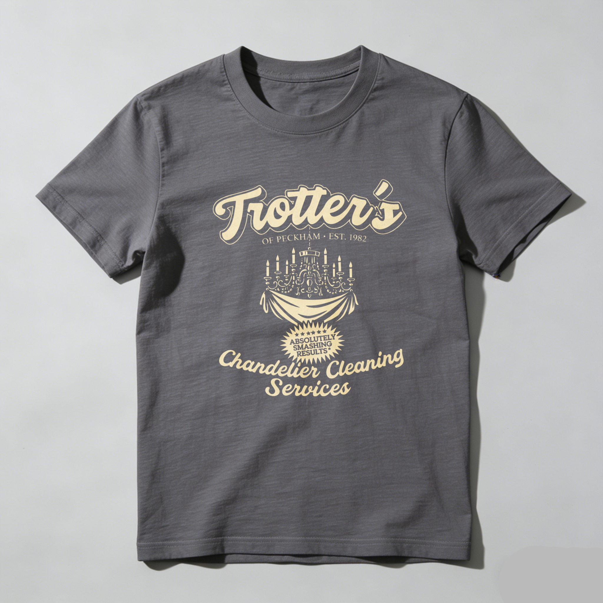 TEECURENT Trotters Chandelier Cleaning Services T Shirt Of Peckham Est 1982 Vintage Style Graphic Tee