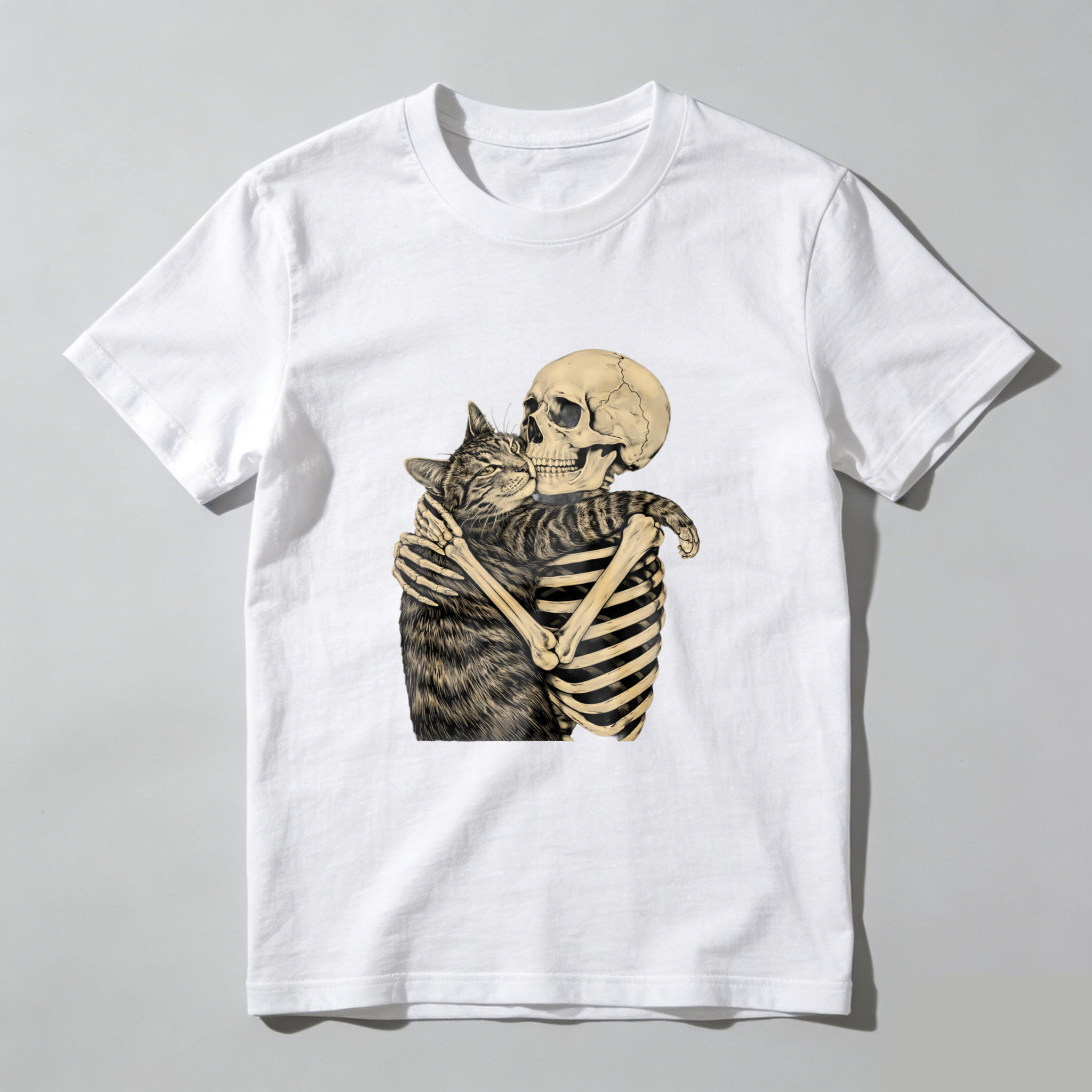 TEECURENT Skeleton Hugging Cat Graphic T Shirt Black Unisex Design Artistic Print Casual Wear