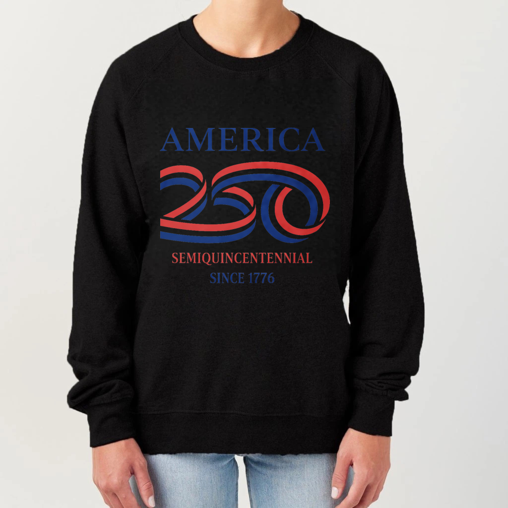 America 250 SemiQuincennial Sweatshirt Black Crewneck Pullover Long Sleeve Casual Graphic Top For Men Women Unisex Apparel 2026 Independence Day Celebration Wear