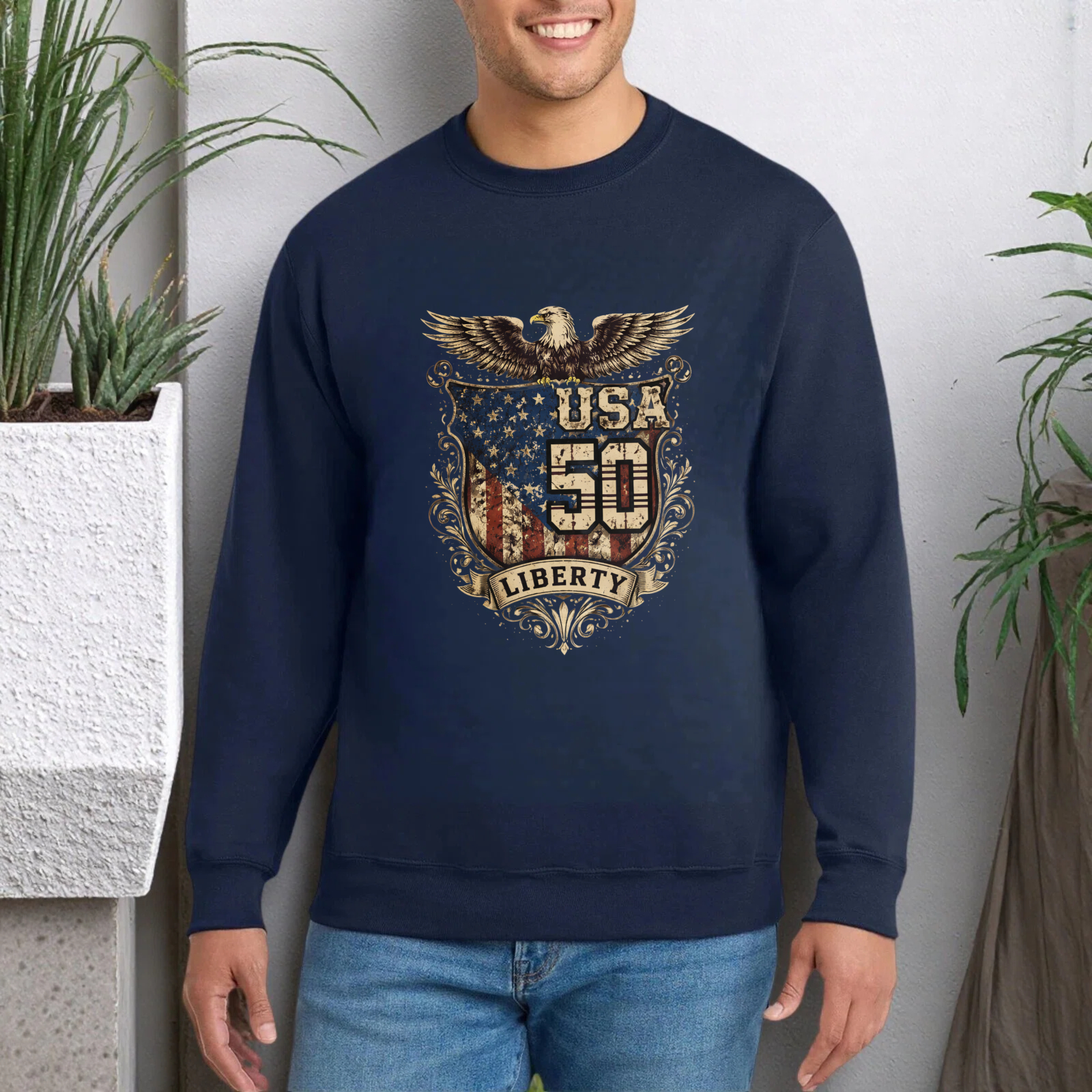 Usa 50 Liberty Eagle American Flag Sweatshirt Crewneck Pullover Long Sleeve Black