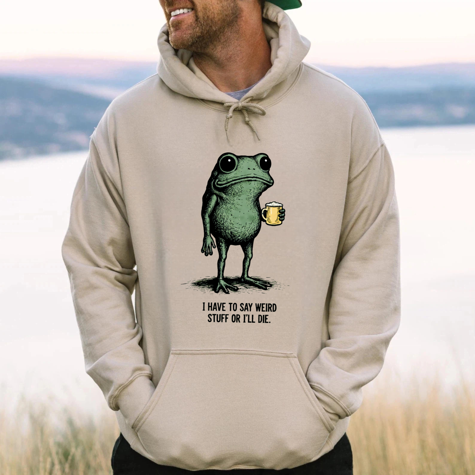 TEECURENT Gildan Frog Holding Beer Hoodie I Have To Say Weird Stuff Or Ill Die Funny Animal Sweatshirt Unisex Casual Wear