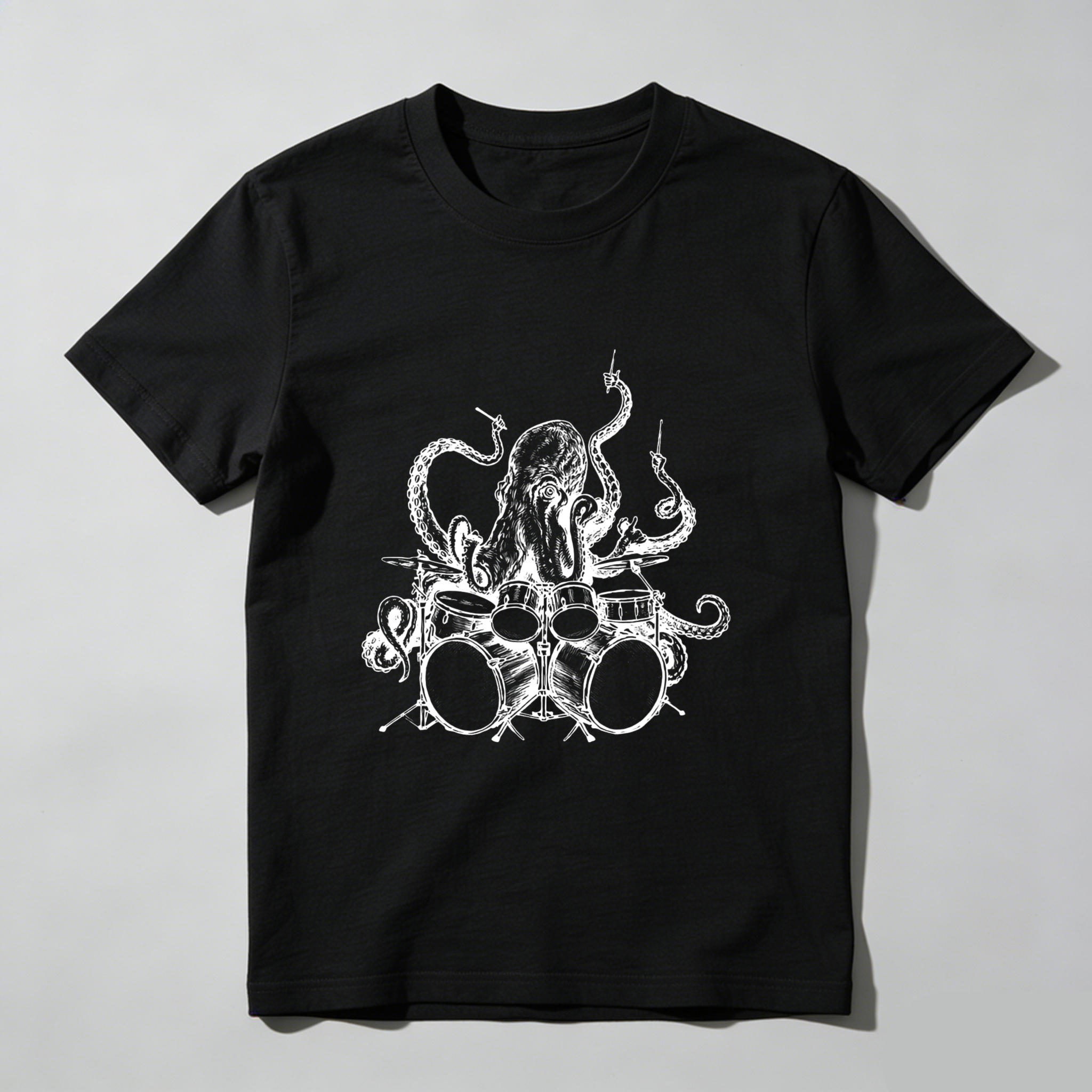 Octopus Drummer Music Band T Shirt Rock And Roll Punk Art Design Black Cotton Tee For Men Women Unisex Apparel Gift