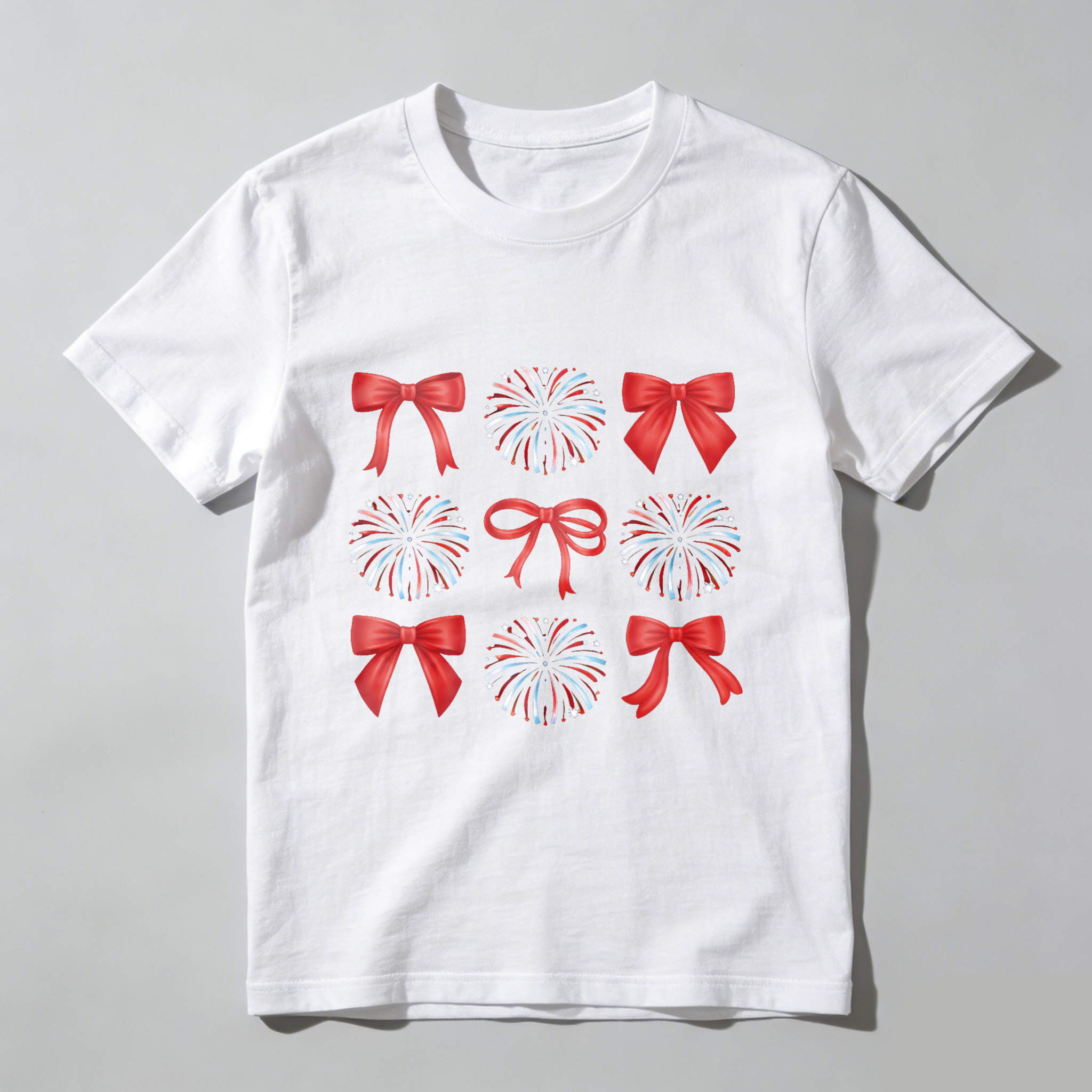 TEECURENT Patriotic Fireworks And Red Bows Design T Shirt For Independence Day Celebration WOMEN