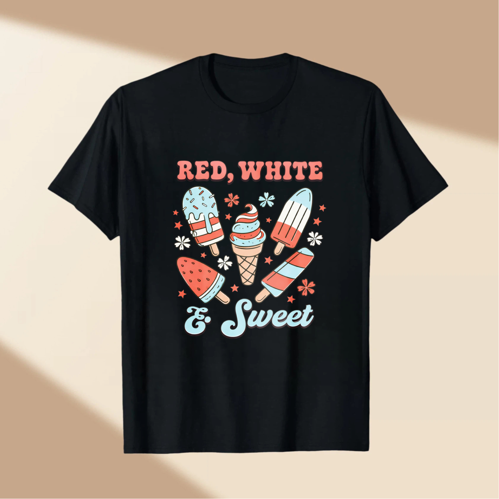 TEECURENT Red White And Sweet Ice Cream Pops Patriotic Summer T Shirt WOMEN