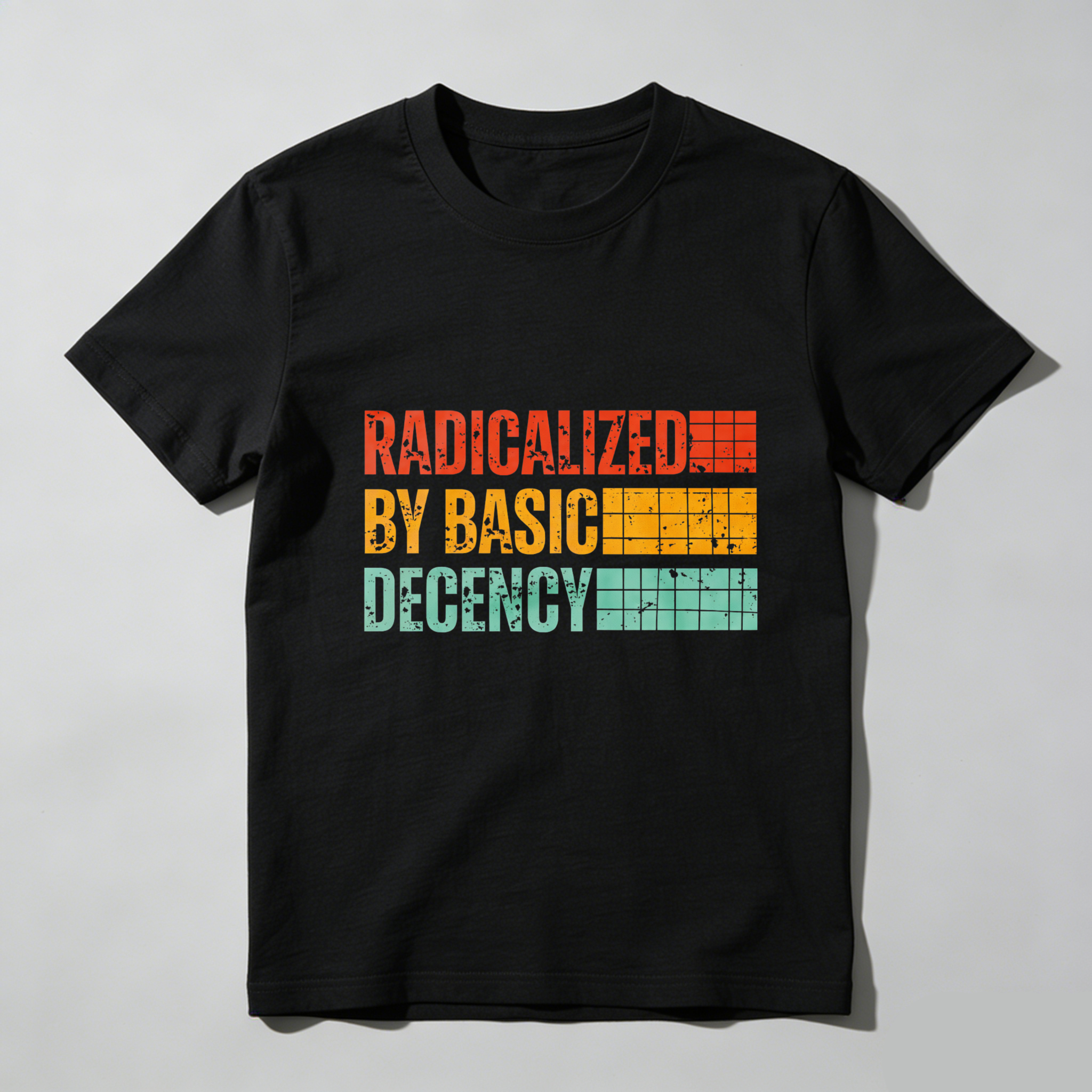 TEECURENTRadicalized By Basic Decency T Shirt Retro Style Color Block Design Black Cotton Tee Men Women Unisex Fashion Statement Apparel-TeeCurent