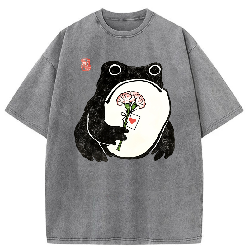 Frog Holding Flower With Heart Tag tshirt 100% cotton