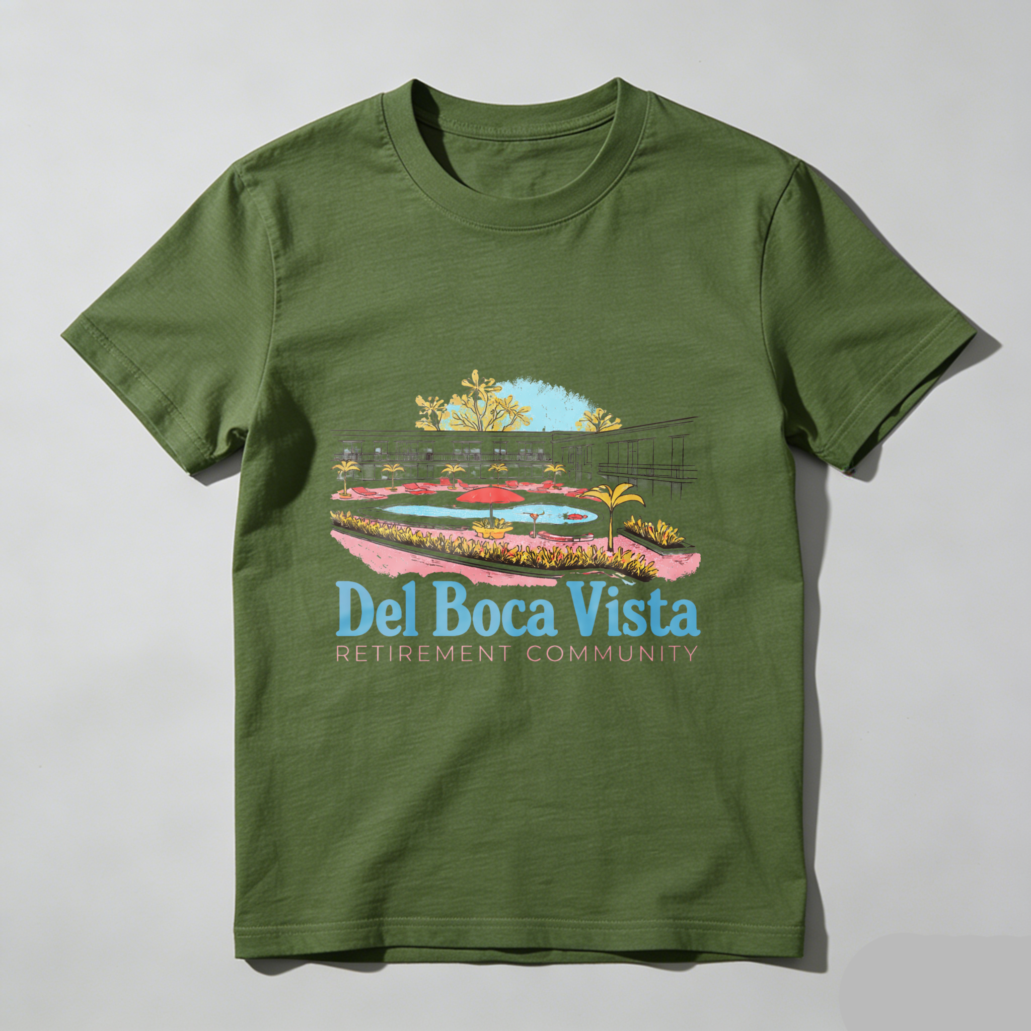 TEECURENT Del Boca Vista Retirement Community T-Shirt With Resort Design And Palm Trees Graphic
