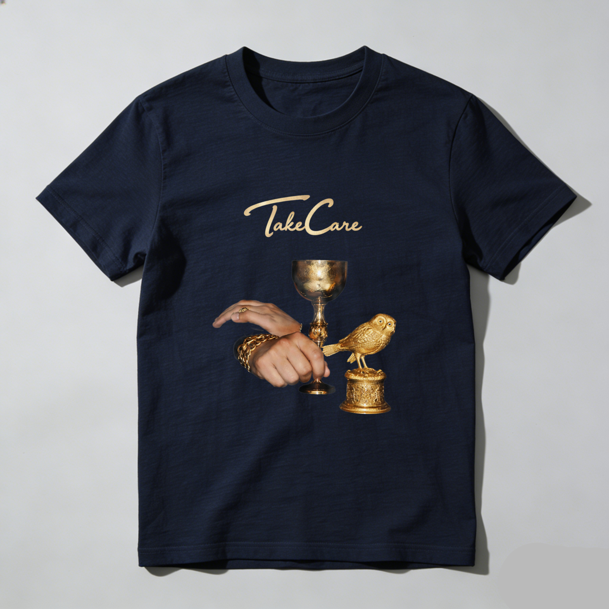 TEECURENT Take Care Golden Bird And Chalice Design T Shirt Men Women Fashion Casual Wear Artistic Statement Graphic Tee
