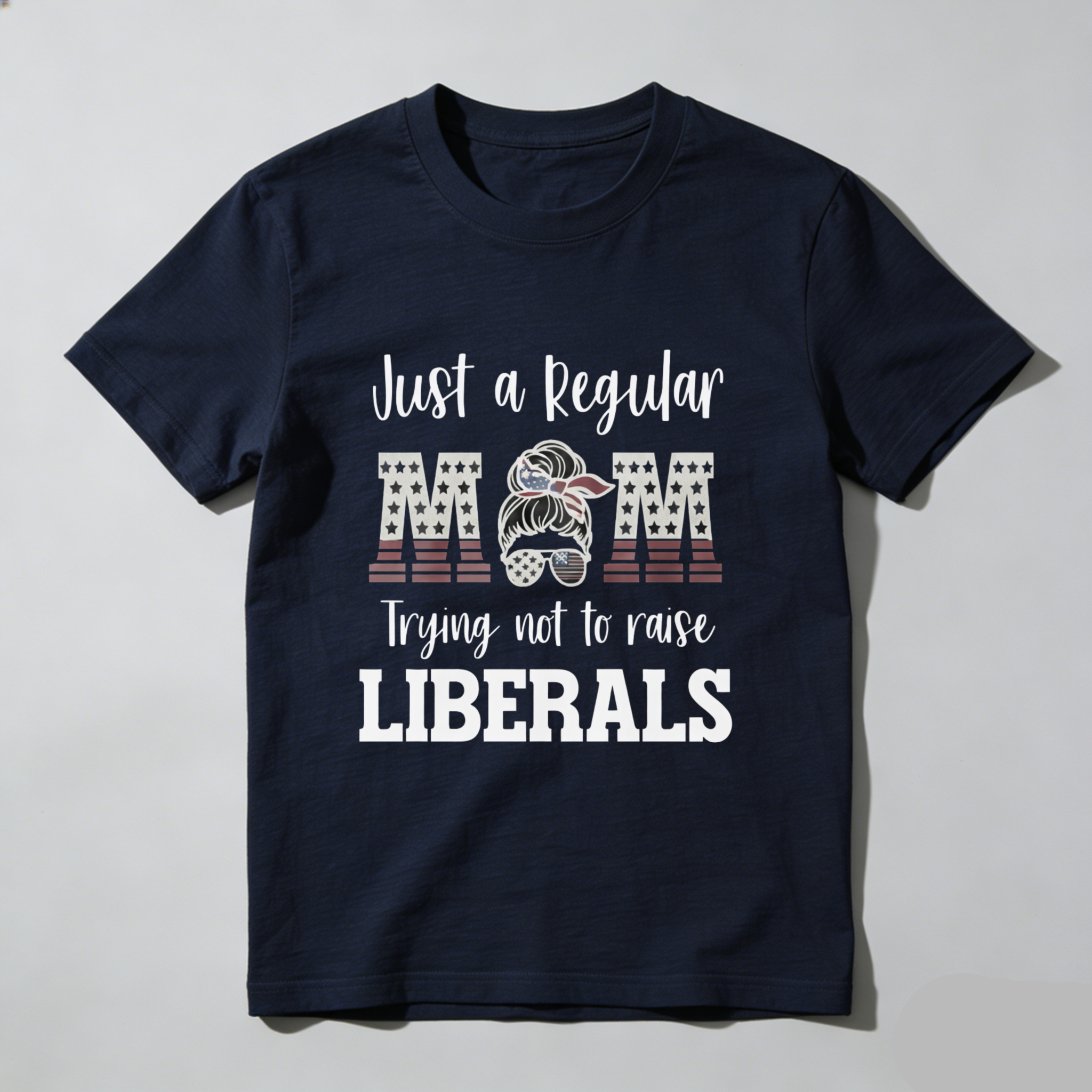 TEECURENT Just A Regular Mom Trying Not To Raise Liberals Patriotic American Flag T-Shirt For Women And Men WOMEN