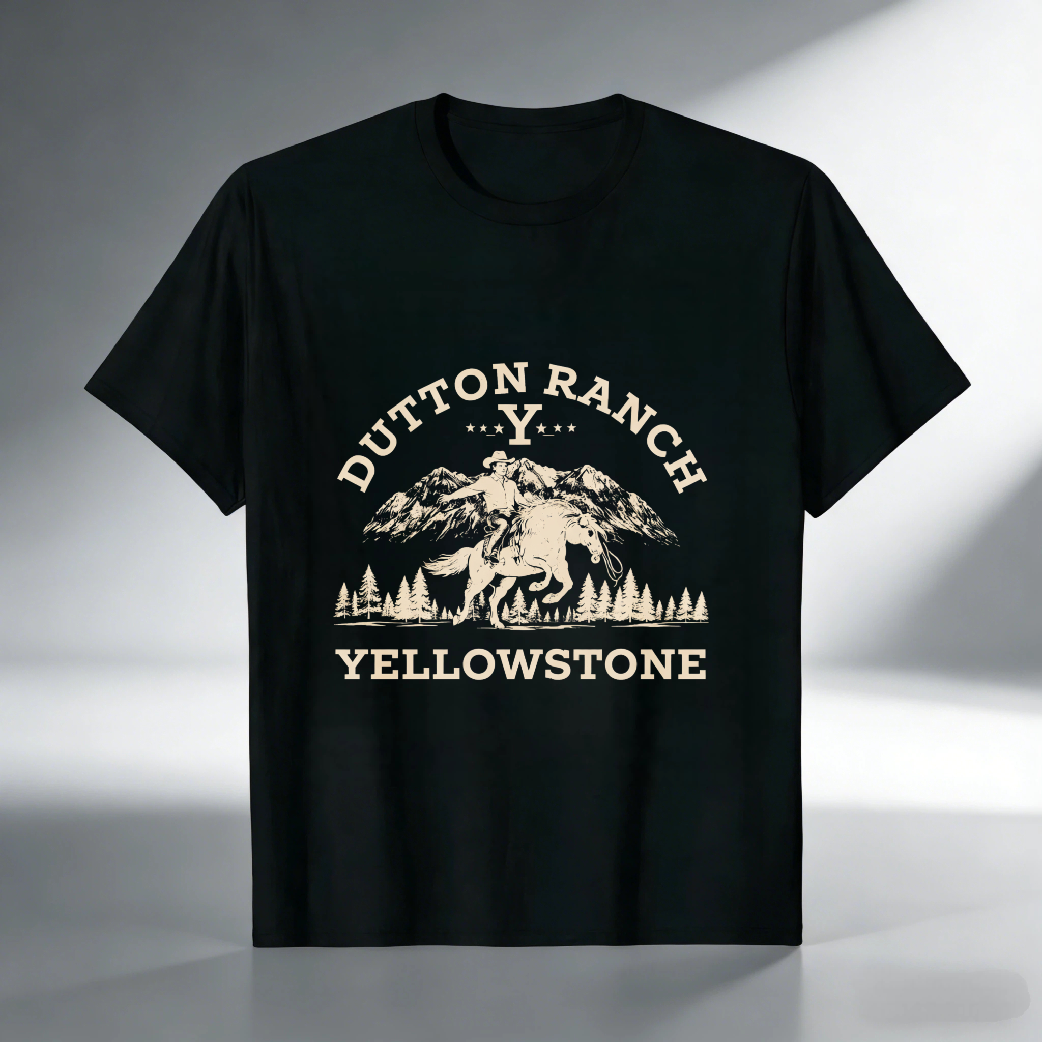 TEECURENT Dutton Ranch Yellowstone Western Cowboy Shirt Men's Black T-Shirt With Horse And Mountains Design For Outdoor Enthusiasts